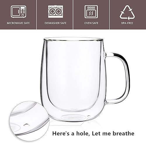 Miniatura 10 de CNGLASS Tazas de café de vidrio de 12 onzas, juego de tazas aisladas de doble pared con asa, tazas de café de vidrio transparente para café con