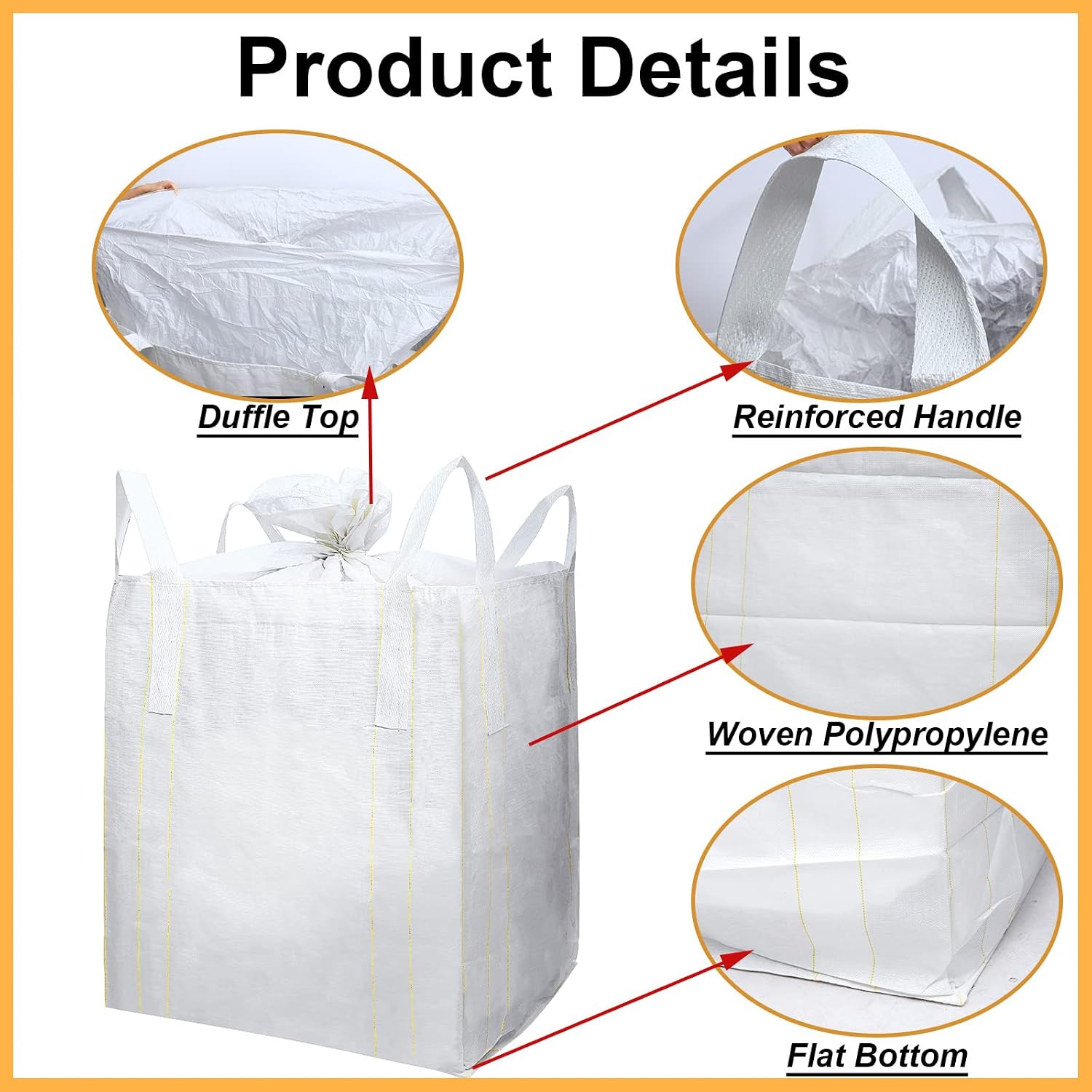 5 Pack FIBC Bulk Bags 1 Ton Bag 35"L x 35"W x 43"H 2200lbs Swl Woven Polypropylene Sack Heavy Duty One Ton Sandbags Duffle Top Flat Bottom for Sand, Industrial, Produce, Fruit, Transport