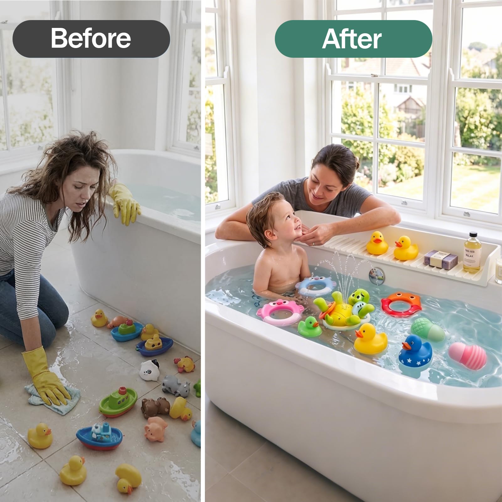 Sizobi Vasca da bagno in silicone bianco da 2,6 m, con forti ventose, vassoio portaoggetti per giocattoli sopra la vasca, previene fuoriuscite d'acqua e pavimenti disordinati, protezione per bordi