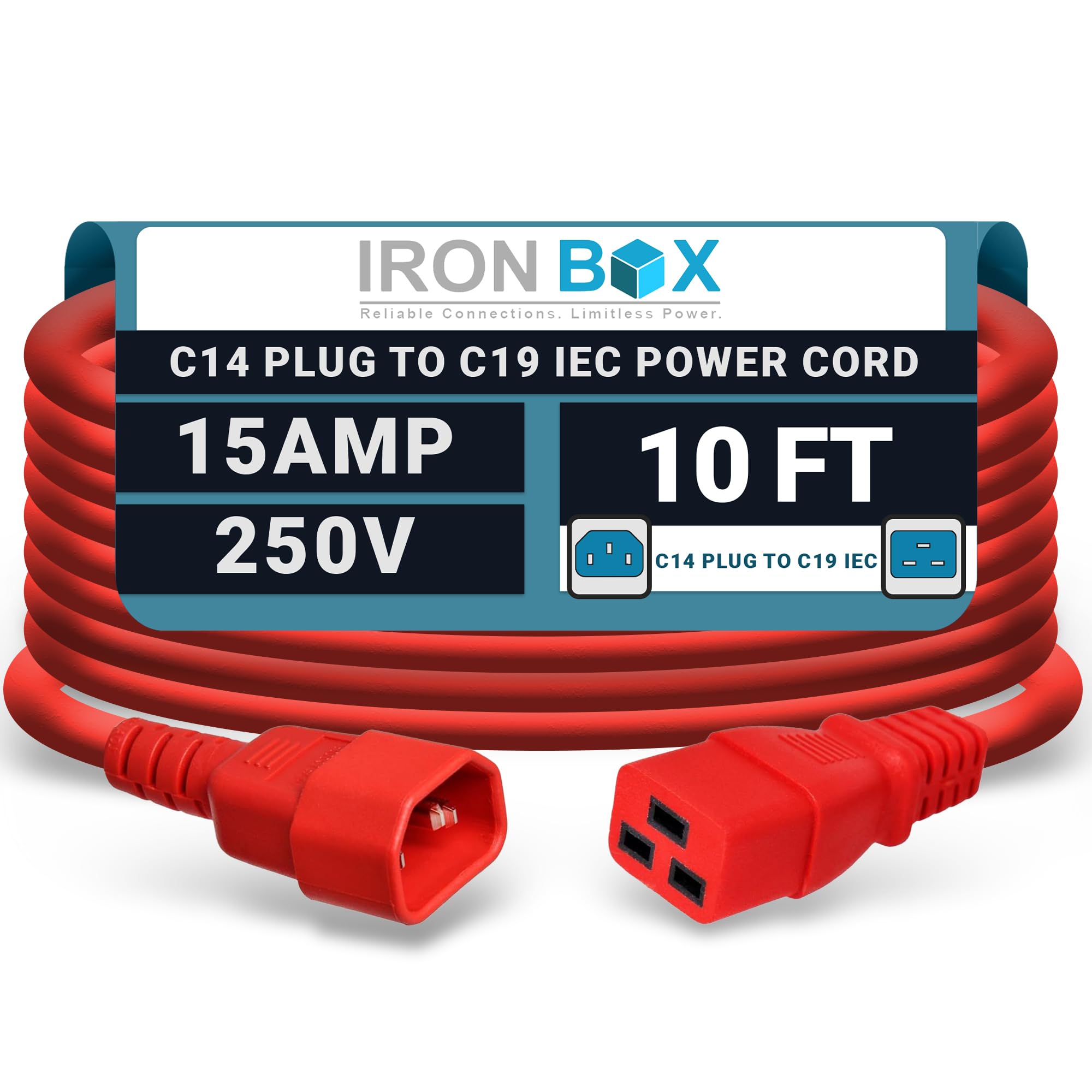 IronBox Electric - Heavy-Duty C14 to C19 Power Cord, 15A, 250V, 14/3 SJT - IEC60320 PC Cable for Computer Extensions, Monitor, PSU - C14 Male to C19