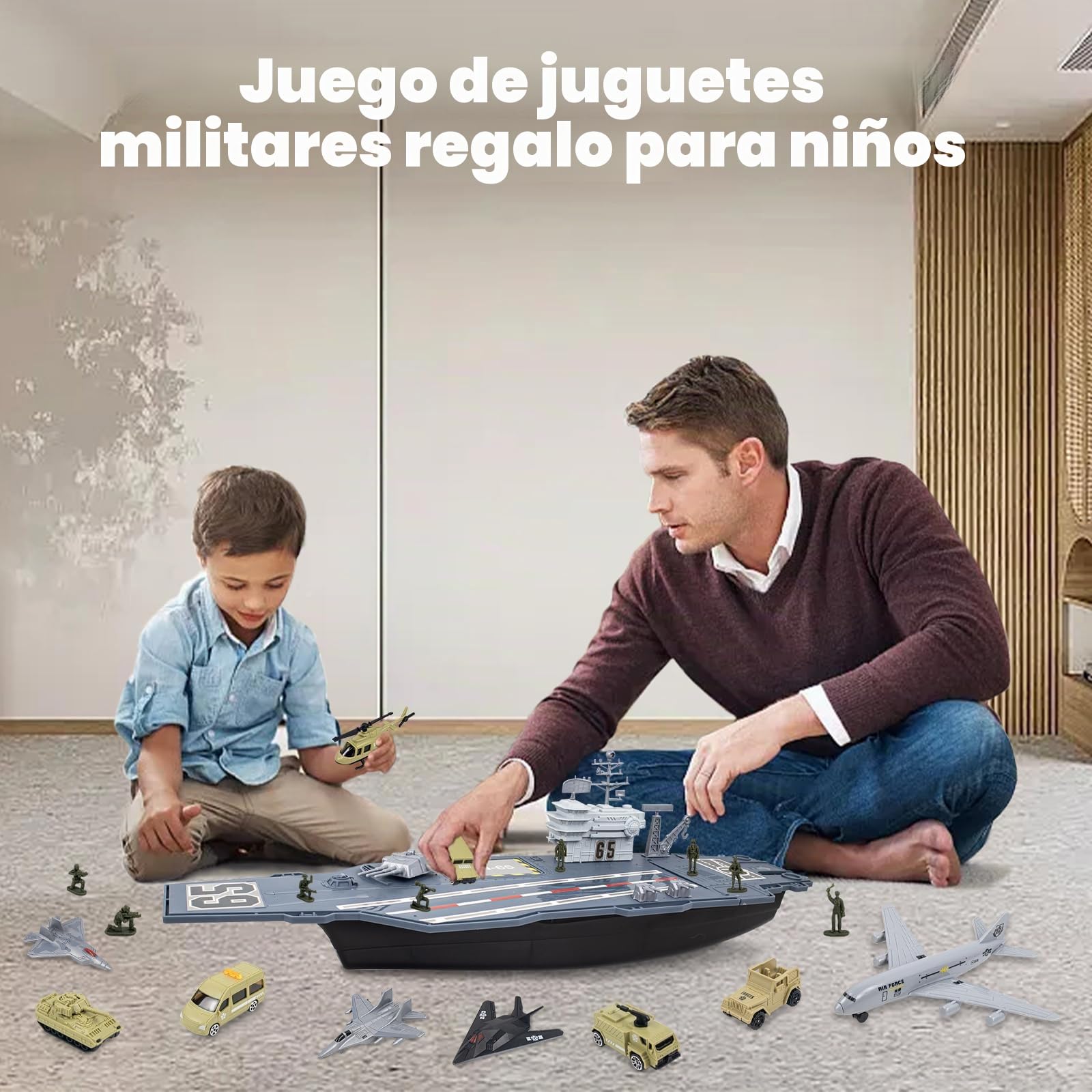 RedCrab Juego de Maqueta Portaaviones - Acorazado Militar Juguete Kit con Coche Militar, Avión Militar, Helicóptero y Tanque Juguete, Soldado Juguetes, Regalo para Niños y Niñas 3 Años+