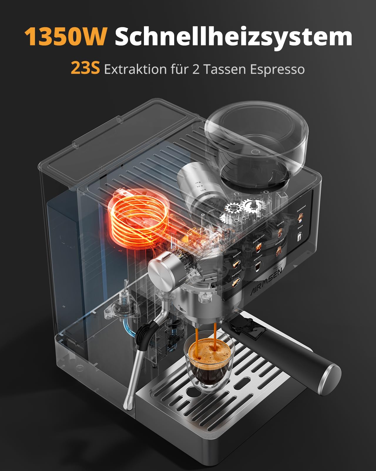 AIRMSEN Siebträgermaschine Espressomaschine 20 Bar Edelstahl 1,8L Wassertank Cold Brew Americano