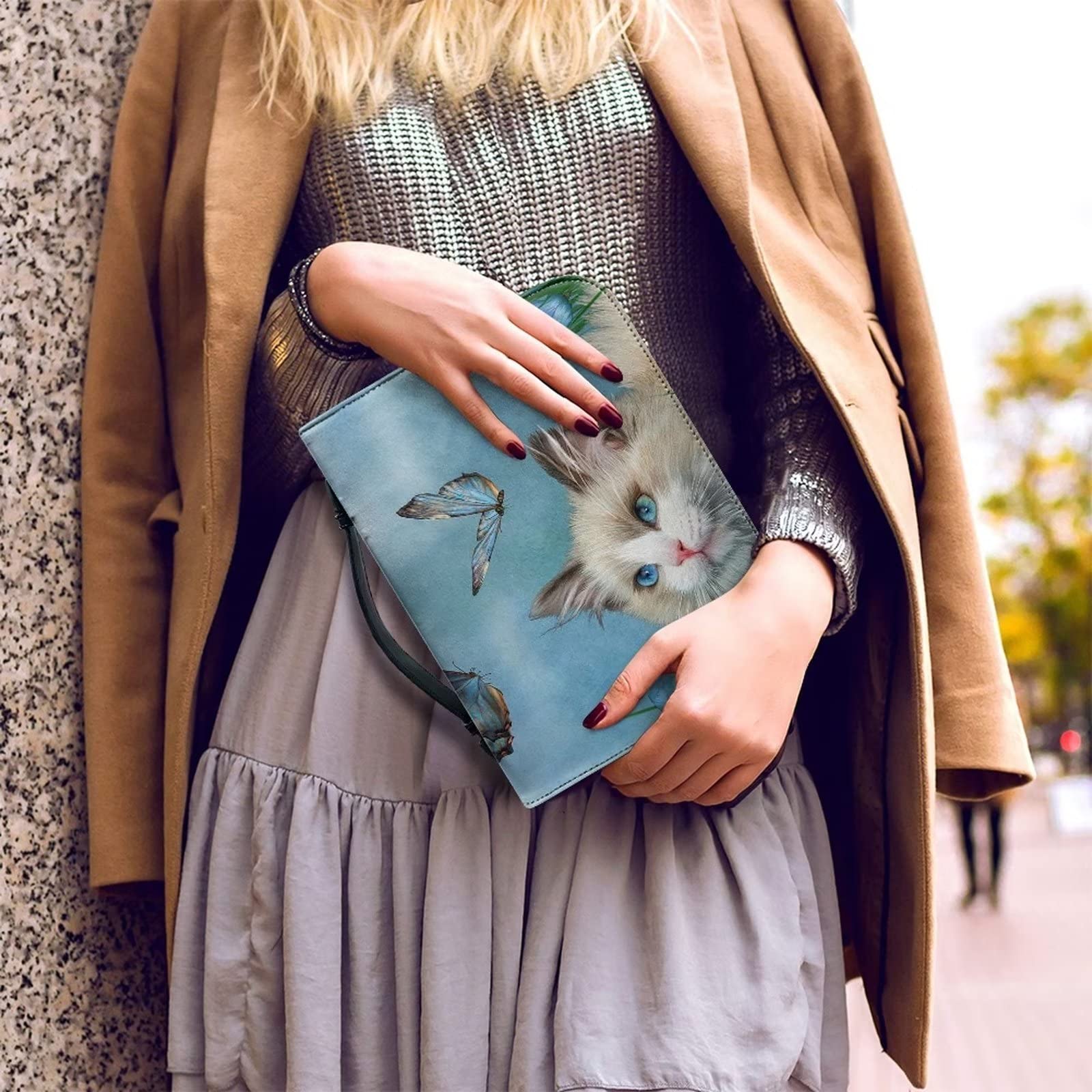COEQINE Muppet Cat Print Leather Bible Cover, Waterproof Cut Cat Butterfly Print Church Bag Book Case Bag for Women Size M - Image 4