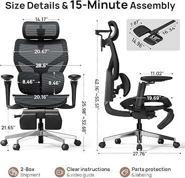 Ergonomic Office Chair with Adaptive Dual-Wing Lumbar Support - Over 10 Hours Sitting Comfortable Mesh Big and Tall Home Desk Chair, 4D Headrest, 2-Gear Footrest, 630 Armrst, Seat Depth Adjustable