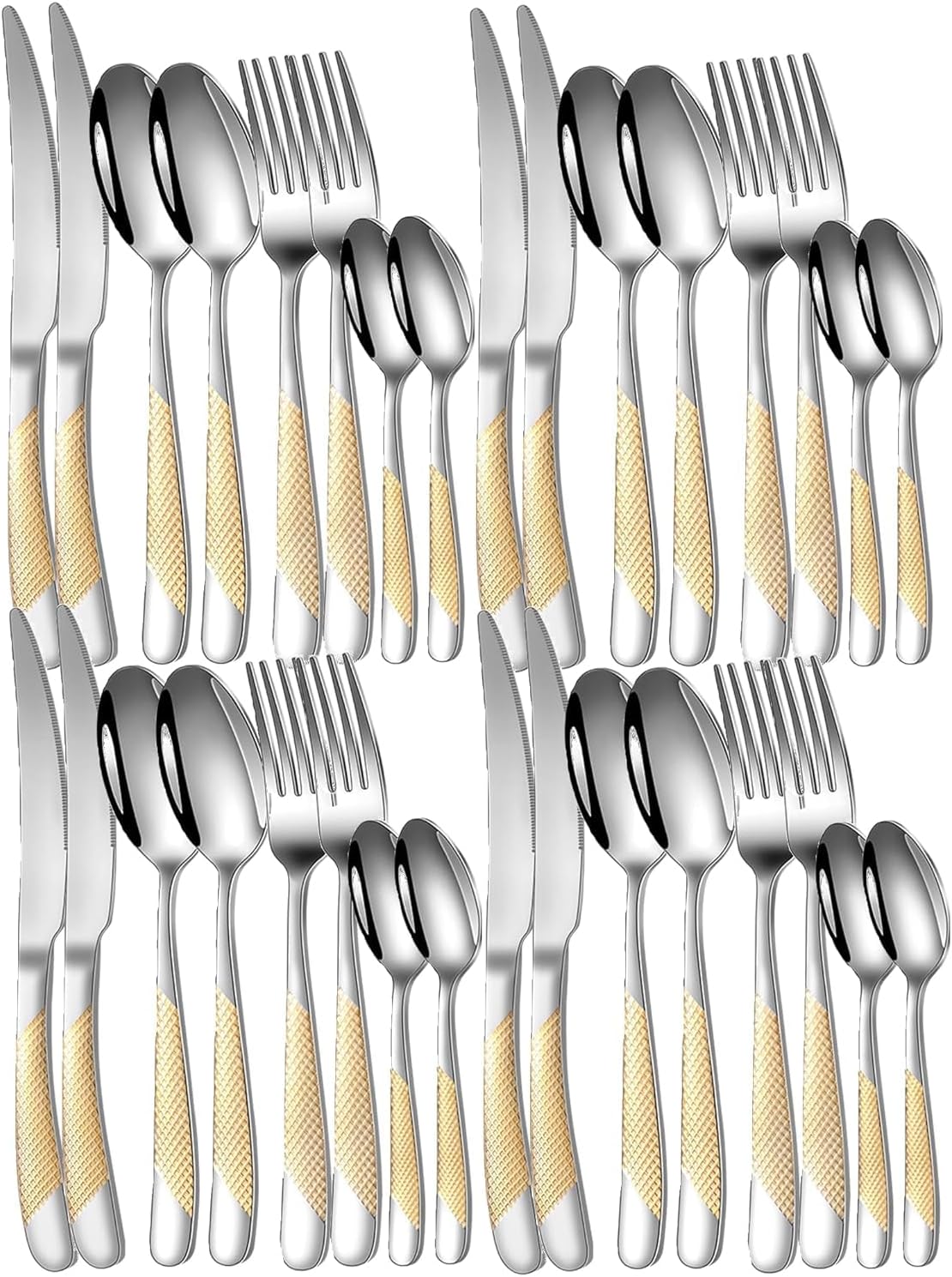 Mirror Finish Gold Plated Stainless Steel Flatware Set Copper Silverware Set Rose Gold Spoon Color Cutlery Set [Dinner Fork-Tea Spoon-Salad Spoon-Knife] Set of (Golden DOT, 32)