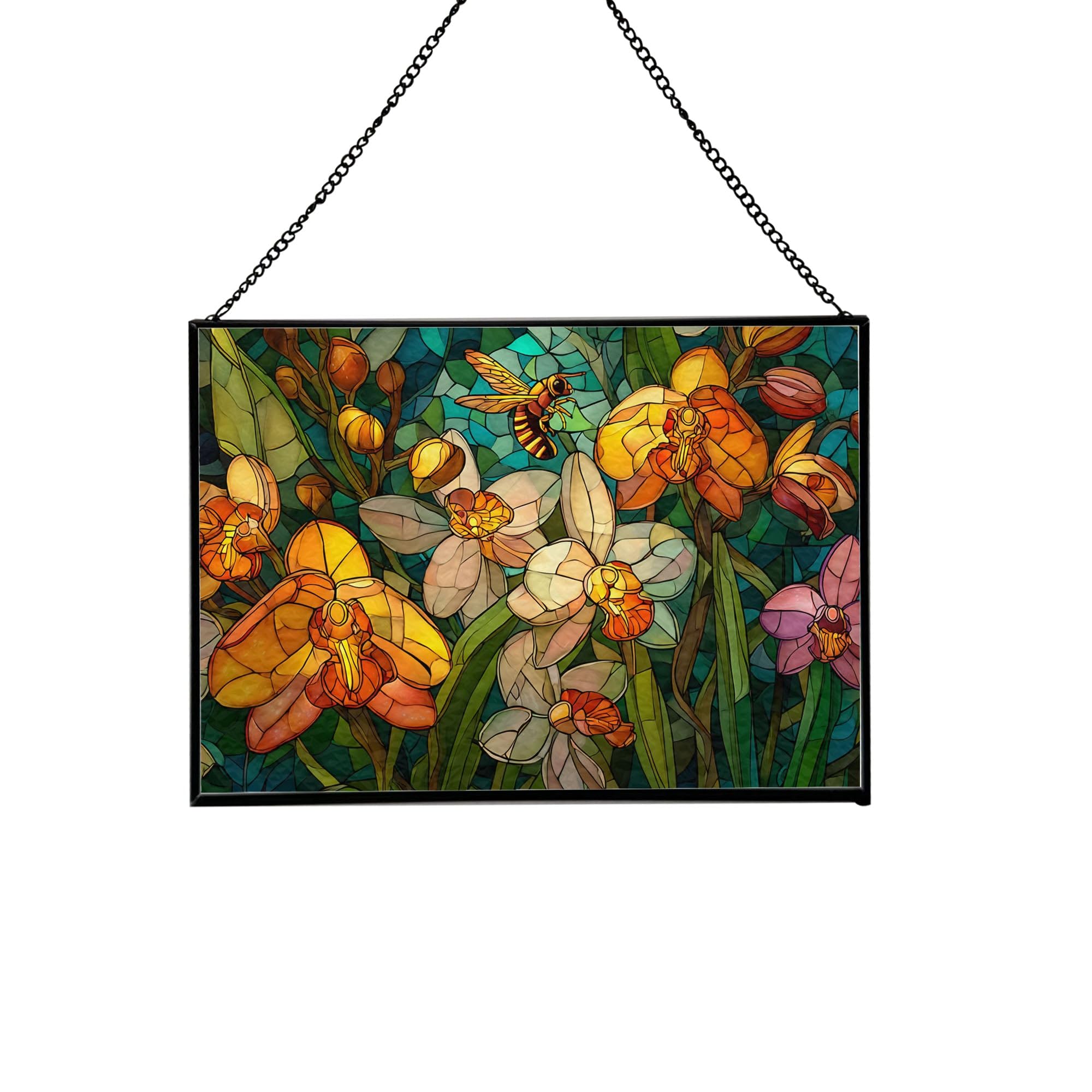 Bee Feeding – Wild Orchid Grove Animal Stained Glass Suncatcher – Rectangular Hanging Window Panel with Artistic Nature Background – Wildlife Glass Art Gift for Animal and Nature Lovers ndRQN1