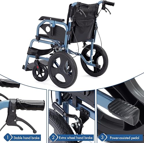 Miniatura 3 de Silla de ruedas plegable y ligera con frenos de mano, sillas de ruedas para adultos, pesa solo 28.5 libras, tubo cuadrado duradero y reposabrazos