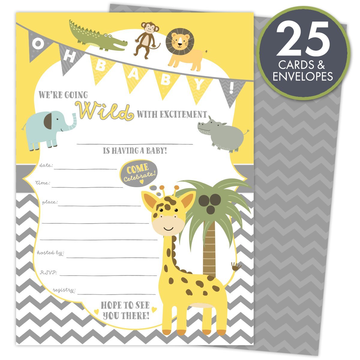 Lot de 25 cartes d'invitation pour fête prénatale Thème animaux de safari Jungle et enveloppes à remplir Unisexe pour garçons ou filles Imprimé sur du papier cartonné lourd 63,5 kg