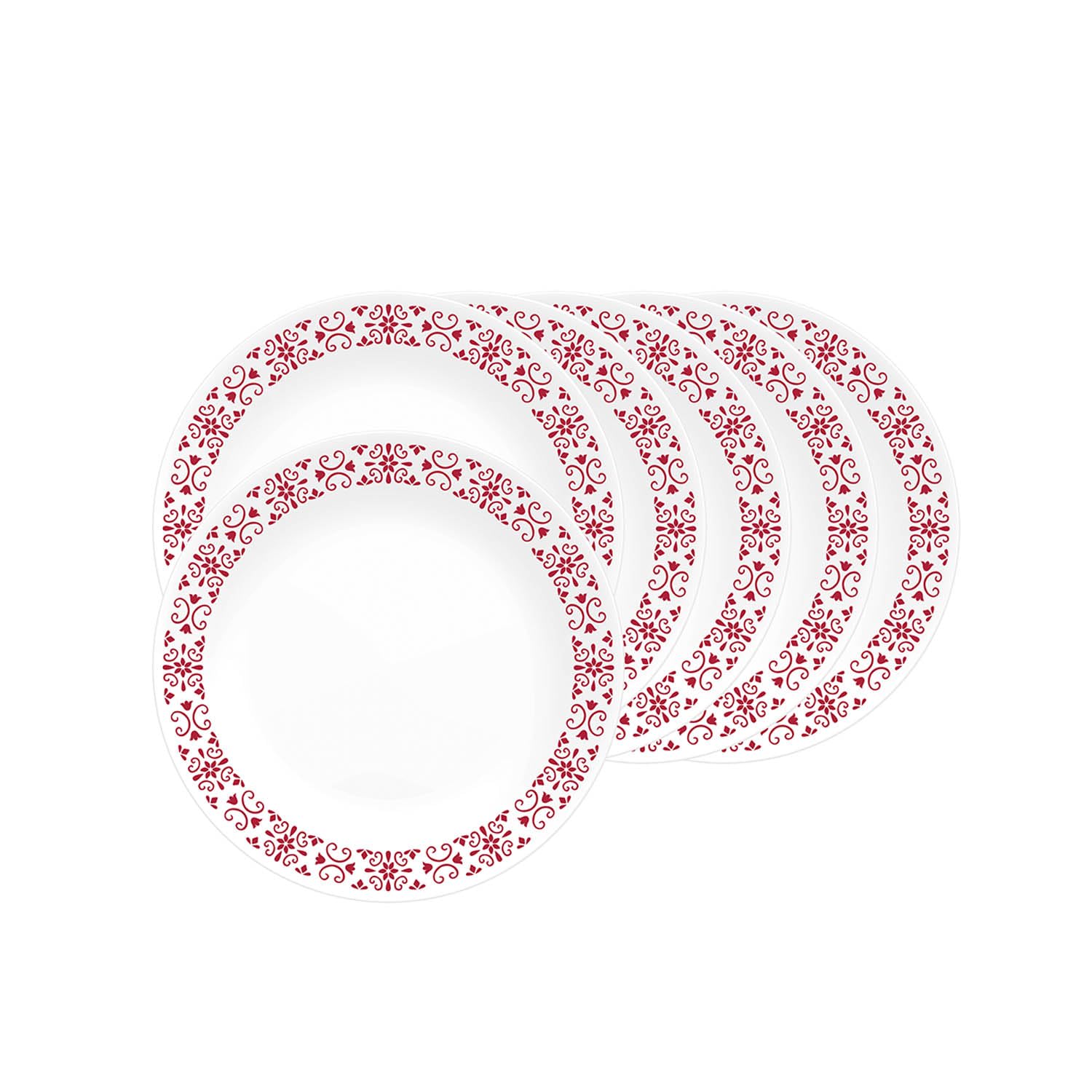 SKOODLE CORELLE Livingware Red Trellis 17 cm Small Plate, Lightweight & Durable, Made of Vitrelle Glass, Microwave & Dishwasher Safe, Elegant Crockery for Dining & Gifting - Set of 6