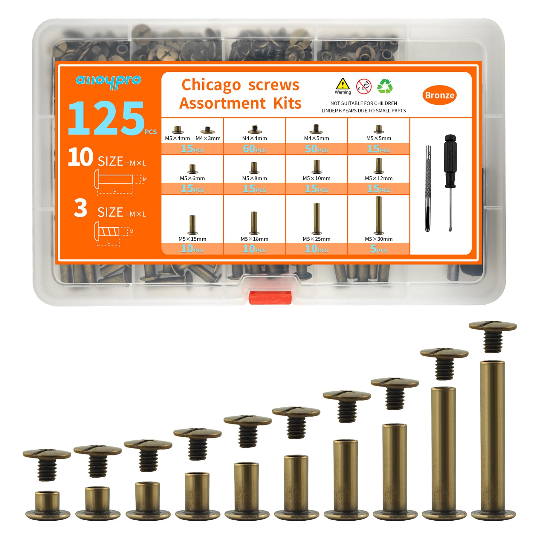 Photo 1 of 125 Sets Bronze Chicago Screws Leather Rivets Kit, 10 Sizes (M5*4,5,6,8,10,12,15,18,25,30) & 3 Screw Lengths (M4*3,4,5) Chicago Binding Screws, for Leather Craft, Bookbinding