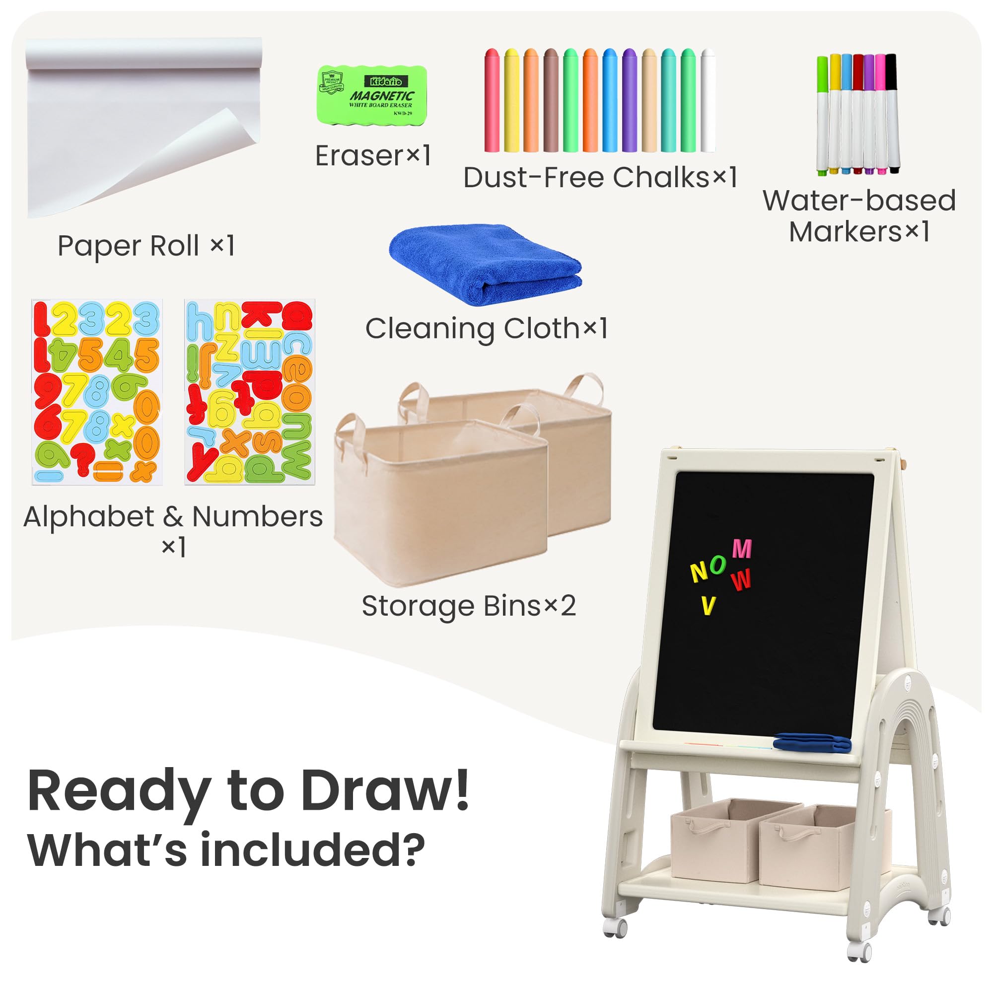 3-in-1 Höhenverstellbare Kinderstaffelei mit Papierrolle, Magnettafel & Kreidetafel, Doppelseitig, mit Malzubehör, Ideal für kreatives Spielen, Weiß