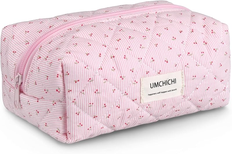 Necessaire de maquiagem acolchoada Umchichi com zíper, listras rosa e estampa de cereja