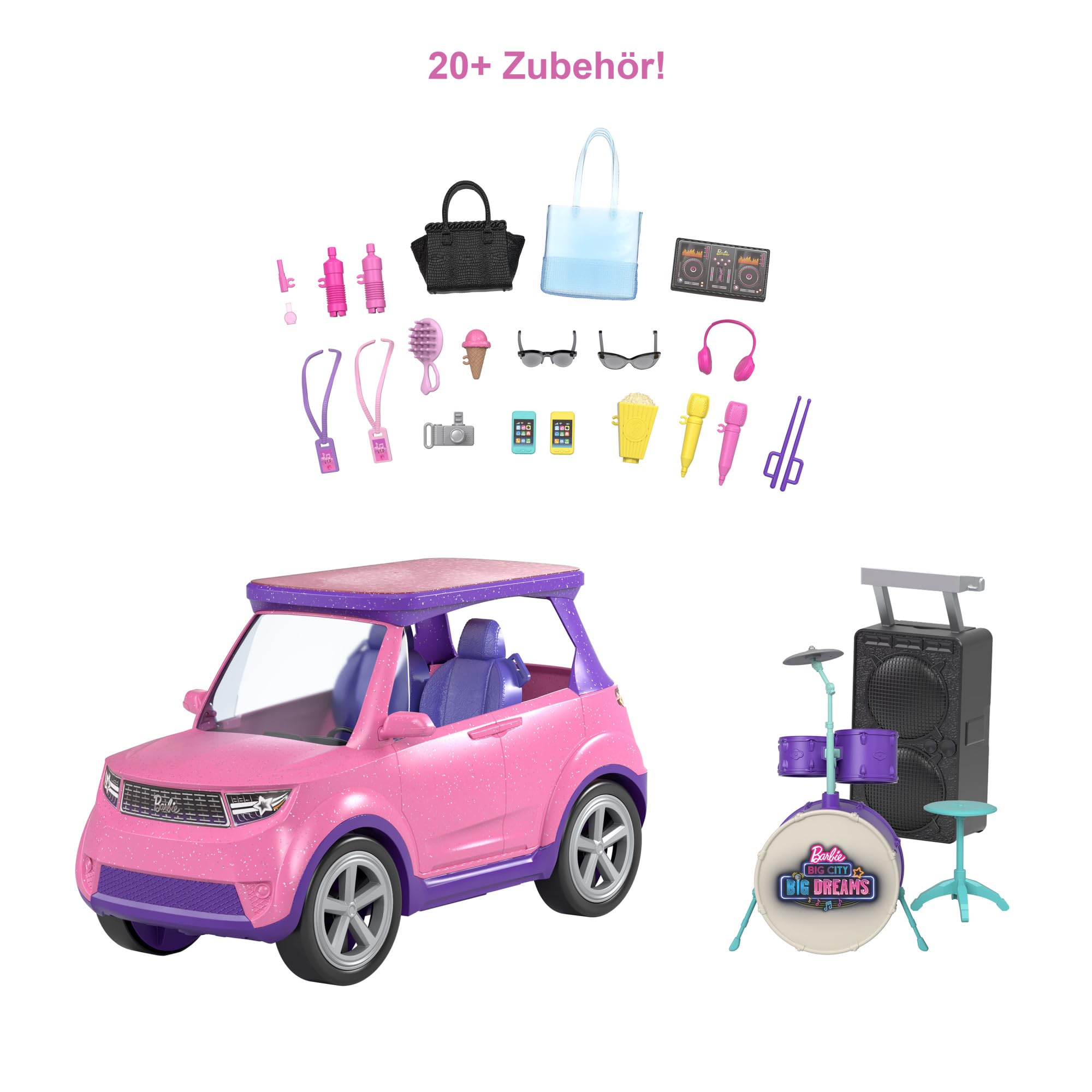 Barbie Big City Big Dreams, Auto Cabrio, 2:1 verwandelt Sich in Bühne, inkl Zubehör für Konzerte wie Schlagzeug, Spielzeug für ab 3 Jahren, GYJ25