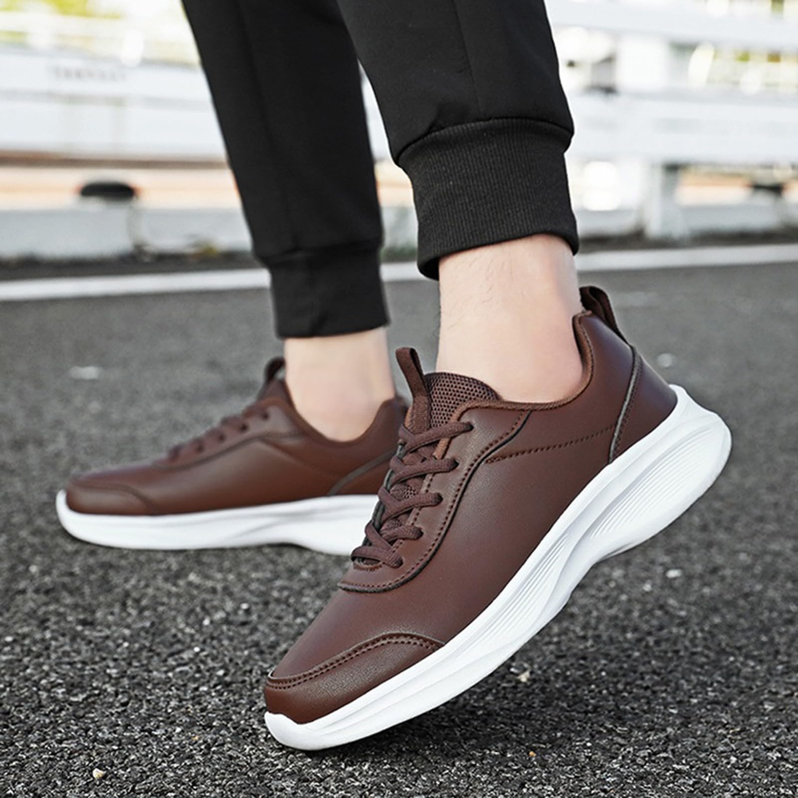 Baskets pour femme - Noir - Avec semelle blanche - Légères - En cuir - Antidérapantes - Respirantes - Chaussures de tennis épaisses - Avec lanières - Chaussures de fitness - Chaussures de marche
