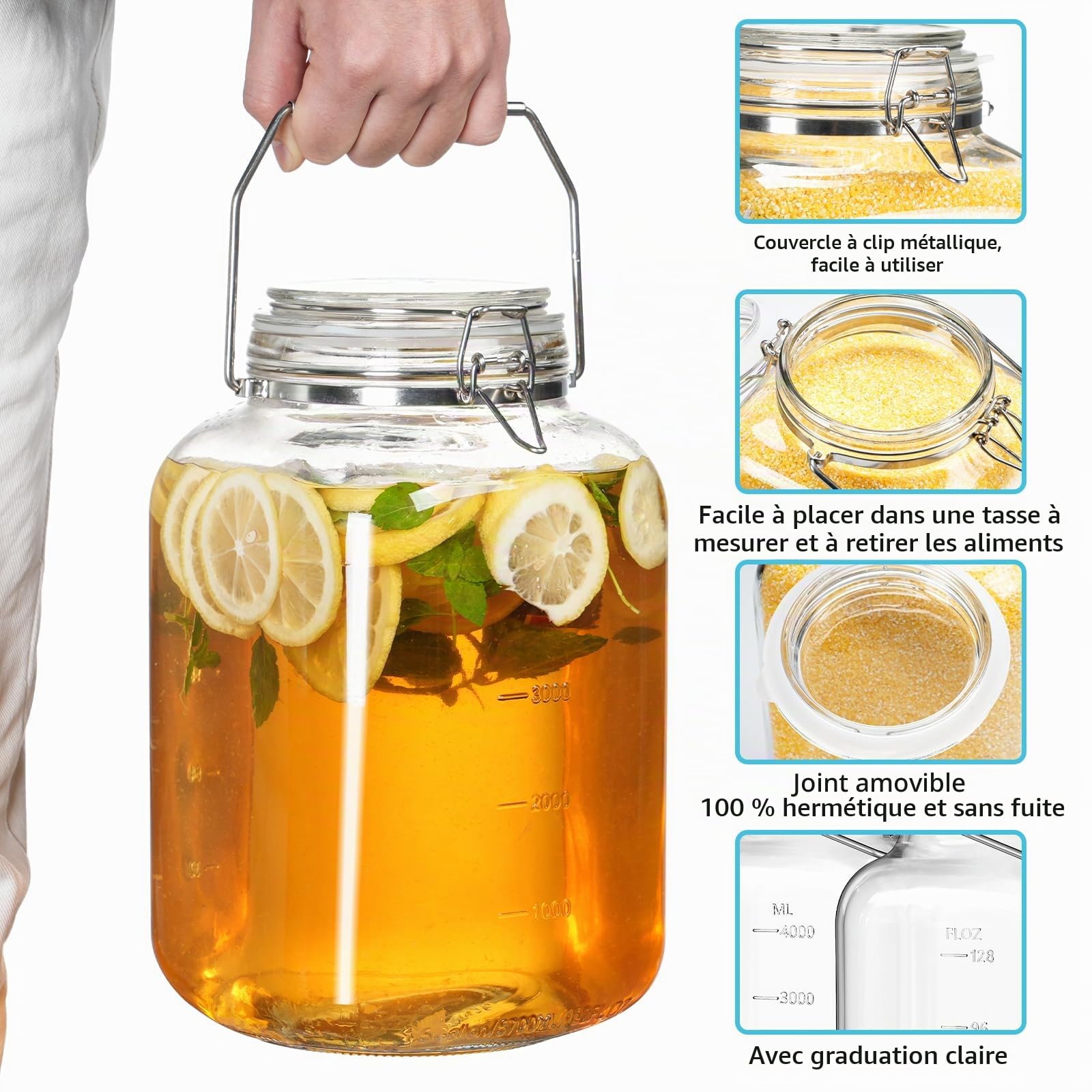 Absovetu Grand bocal de rangement hermétique en verre avec couvercle hermétique 5,7 litres – Bocal Mason à large ouverture avec poignée pour pâtes, riz, cornichons, cookies, bonbons, biscuits