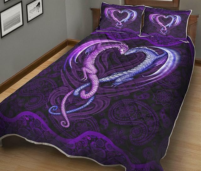 Loving Purple Dragon Quilt Bedding Set Xmas King Queen Size Quilt Christmas Birthday for Kids Son Daughter from Mom Mommy Mother Dad Daddy Father Grandma Aunt (Queen (90x80 inches))