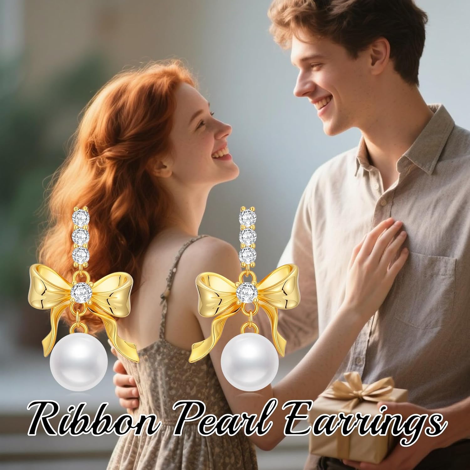 LONAGO Freshwater Pearl Bow Earrings for Women 14K Gold Plated 925 Sterling Silver Ribbon Bow Stud Ribbon Pearl Dangle Earrings Dainty Jewelry