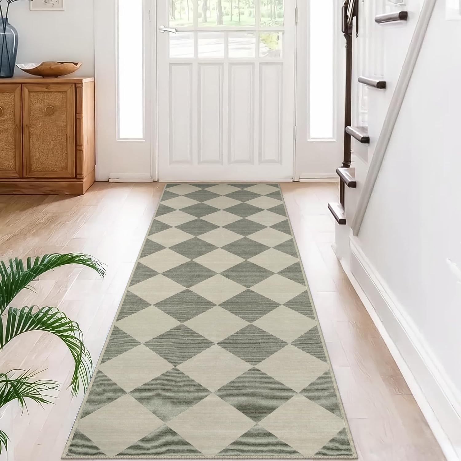 Beeiva Checkered Print Kitchen Runner Rugs Non Skid Washable 2.5x8, Ultra Thin Low Pile Green Runners for Hallways 8ft, Geometric Farmhouse Floor Carpet for Bedroom Entryway, Modern Plaid Home Decor 2'5" x 8' (Rectangular) Green/Grey