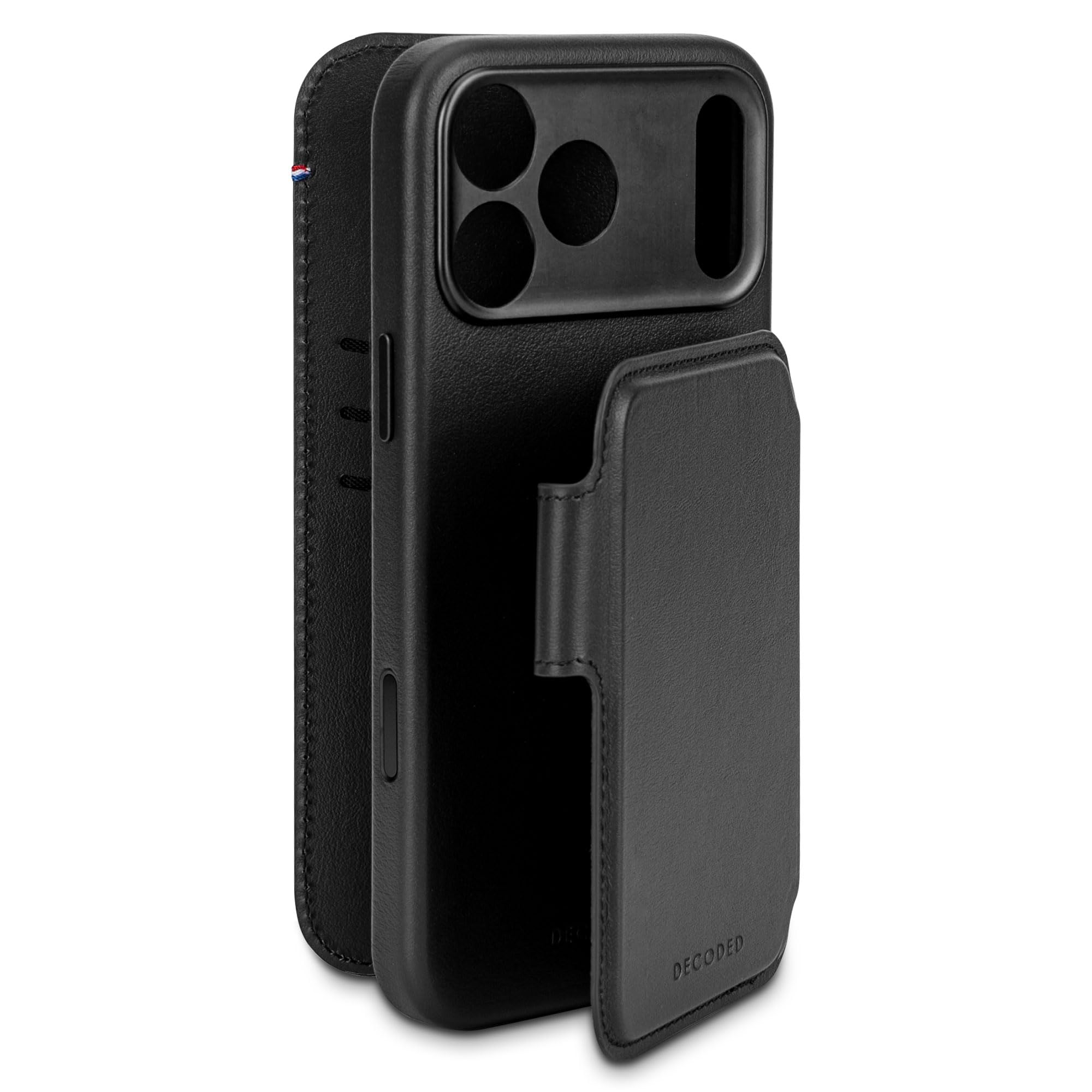 DECODED 2 w 1, skórzane etui do iPhone'a 17 Pro Max, zdejmowany portfel, wysokiej jakości skóra ECCO, kompatybilne z Magsafe, ochrona przed upadkiem, odporne na zarysowania, metalowe guziki, czarne
