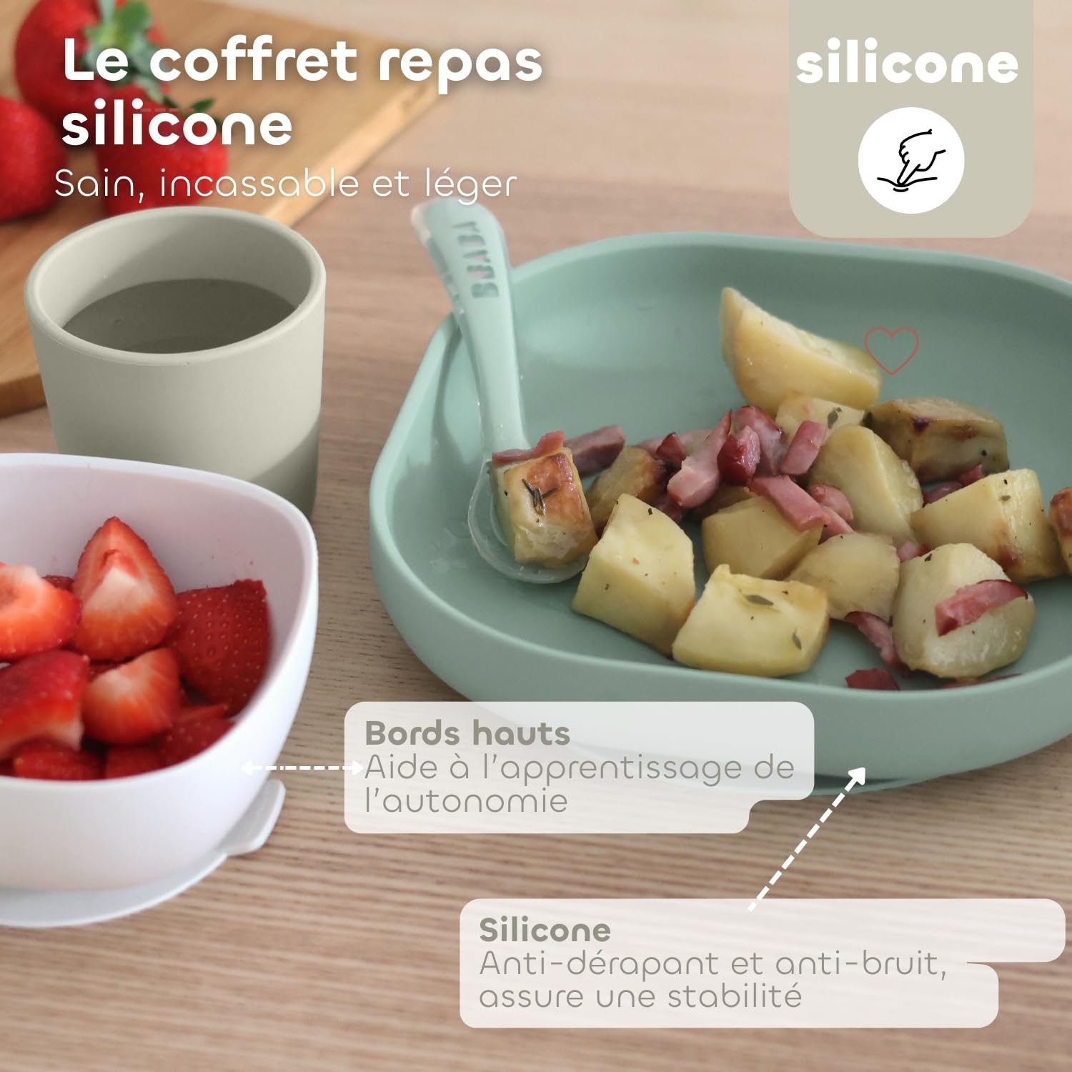 BÉABA, Silicone Baby Meal Set, with Suction Cup, Non-Slip, 4 Pieces, Plate + Bowl + Glass + Spoon - Image 4