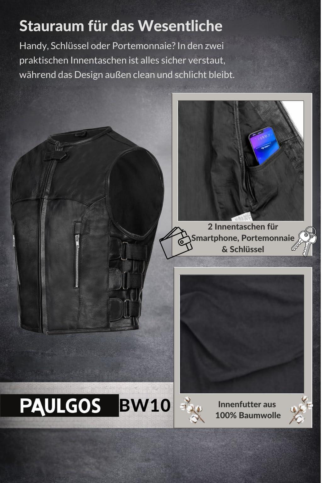 PAULGOS Lederweste Weste Kutte Leder Biker Rocker Motorrad Clubweste Bikerweste Motorradweste Schwarz BW10