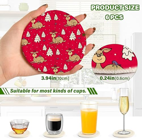 Miniatura 3 de Christmas Cute Deer and Fir Trees Red Coasters Coasters for Drinks Set with Holder 6 Pack Coasters Home Decor