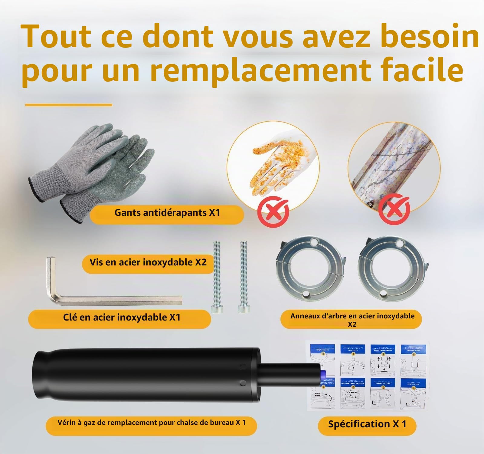 Mastery Mart Vérin à gaz de rechange, avec vérin à gaz de 251 mm à 346 mm pour chaise de bureau, gants, outil de retrait de cylindre, arbre de serrage cylindrique (28 mm), vis longues, clé en L