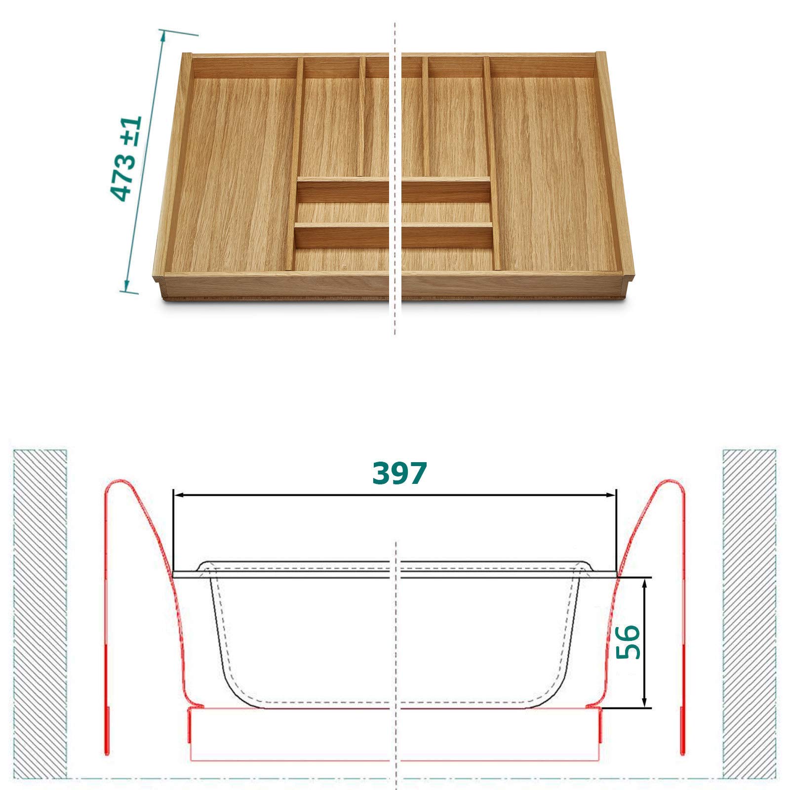 Orga-Box III EICHE Besteckeinsatz für 50er Schublade für Nobilia 08.2012-12.2024 (473 x 397 mm) Holz-Besteckkasten mit 6 Fächer