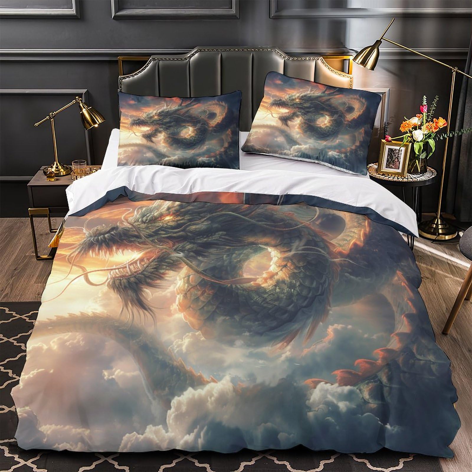 Stampato in 3D Loong cinese Copertina Stampata Microfibra Disegnata Biancheria Da Letto Ipoallergenico Set 3 Pezzi,Double（200x200cm）, Per Adolescenti E Adulti