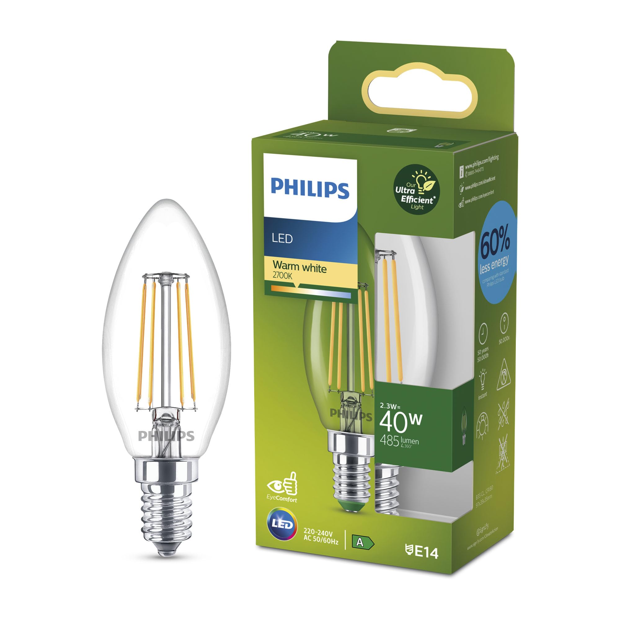 Philips Led Ultra Efficient Lamp E14 B35 2.3W 2700K In Clear Glass Light