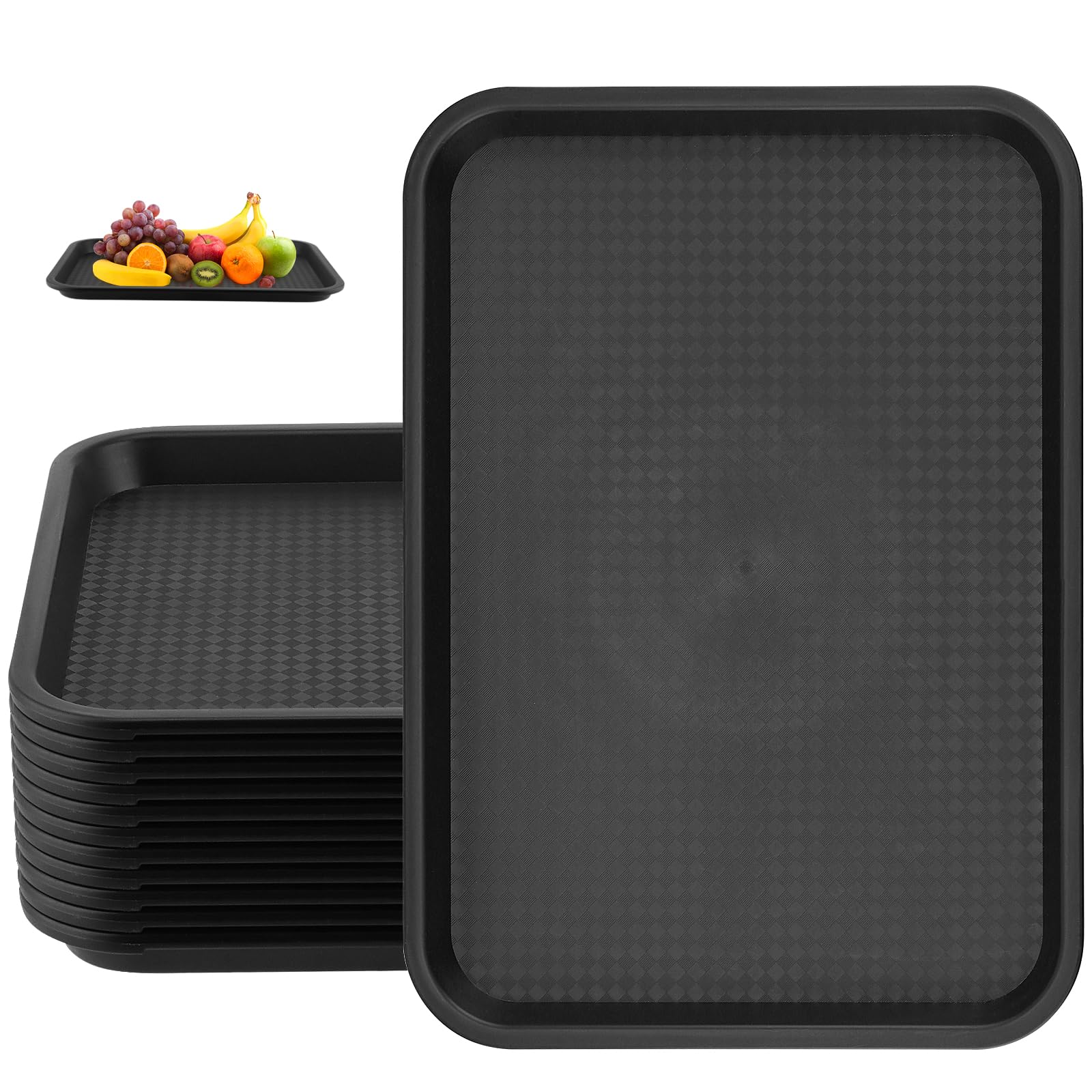 Japchet Black 12 Pcs 41.5 X 30.5Cm Plastic Fast Food Tray, Rectangular Restaurant Serving Tray, Plastic Cafeteria Service Trays For Drinks, Food