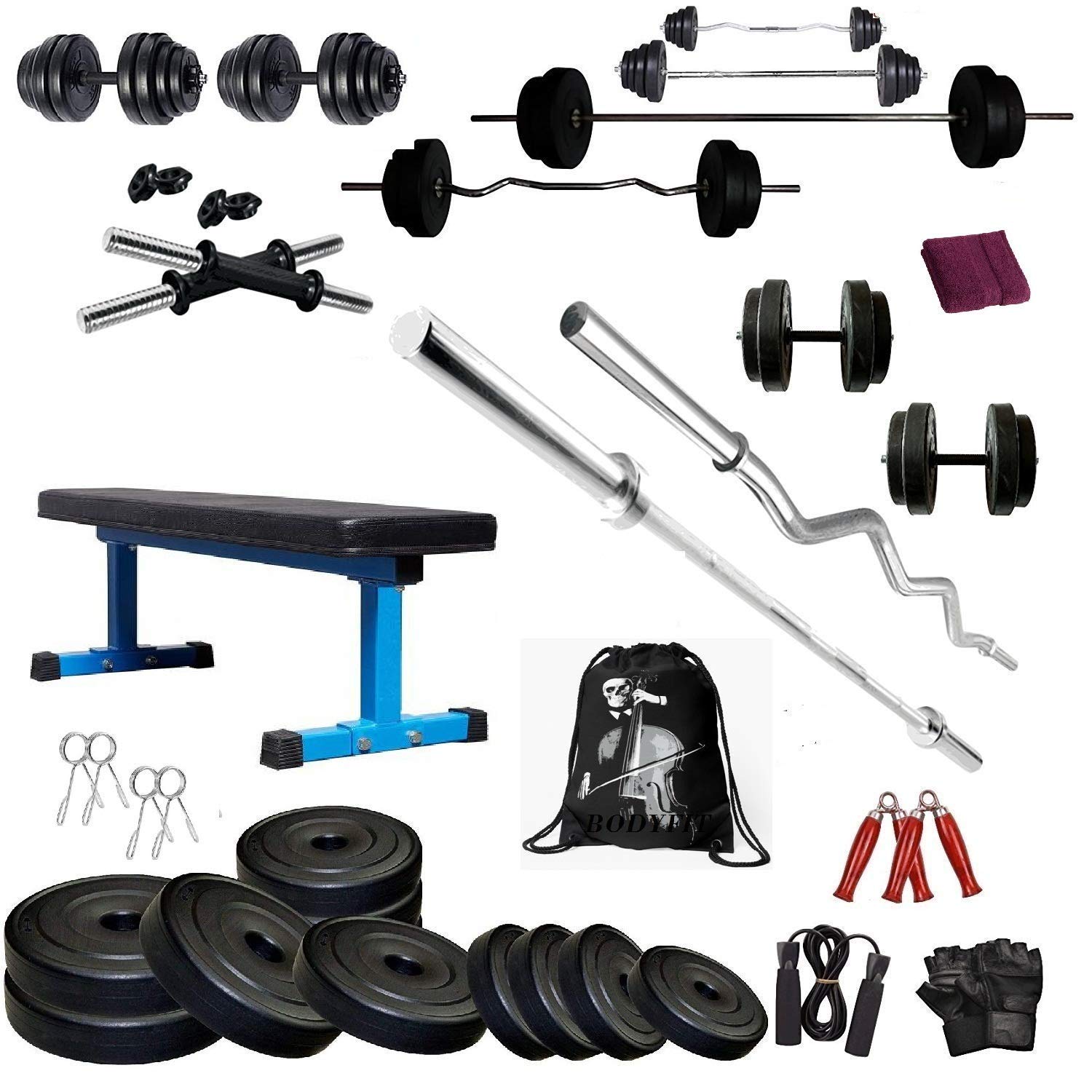 BodyFit 24 Kg Weight Plates Home Gym Flat Heavy Bench, 4 Rods Exercise Gym Set & Fitness Dumbbell Kit Set (Black) (B08W28ZNR4) Amazon Price History, Amazon Price Tracker