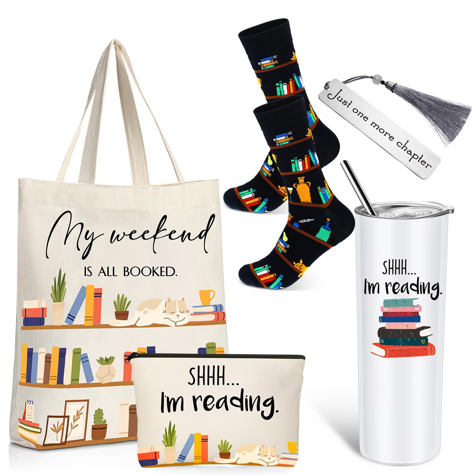Silkfly 5 Pcs Book Lovers Gifts Set, Gifts for Book Lovers, Includes 20 oz Tumbler Socks Bookmark Tote Bag and Cosmetic Bag