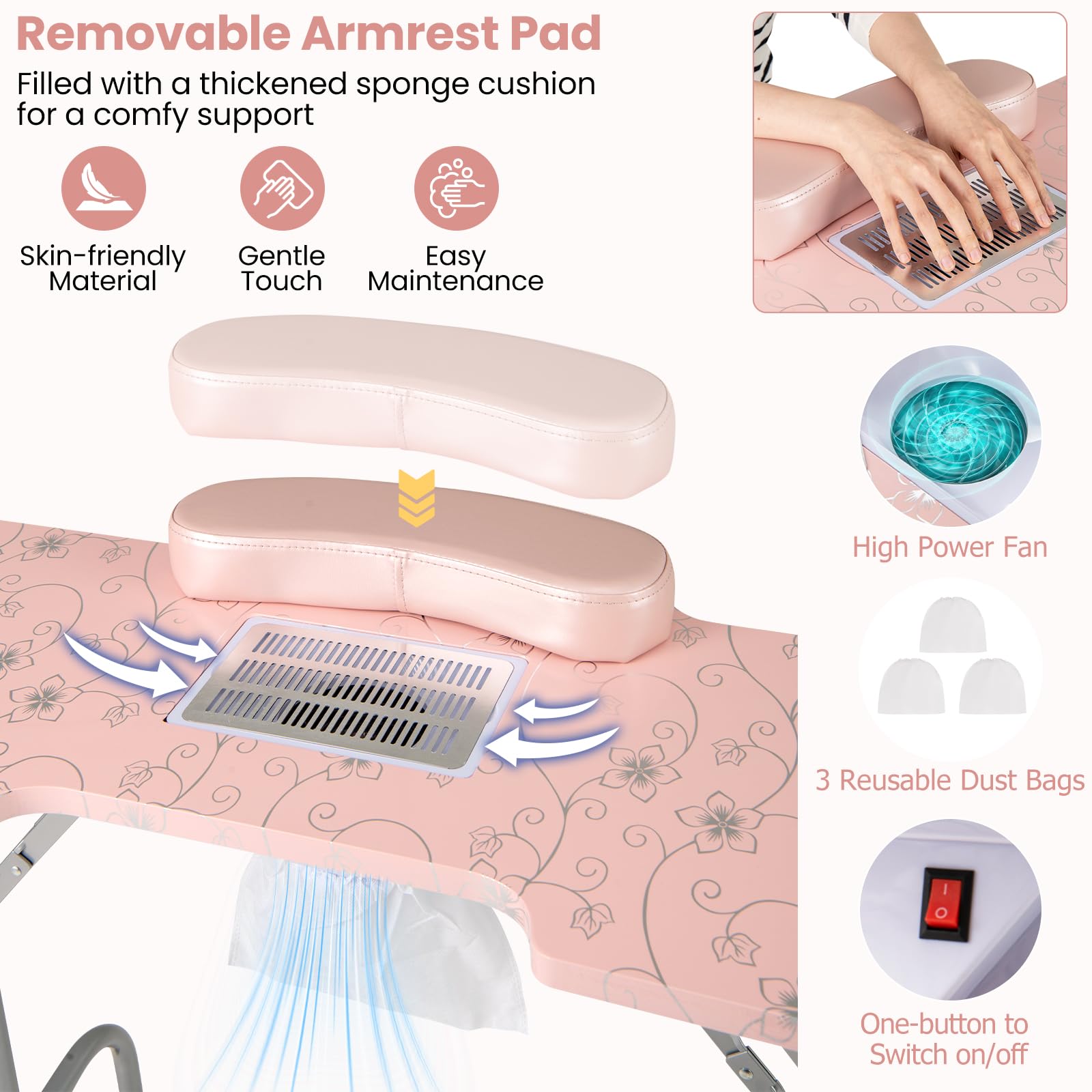 HOMASIS Tavolo Manicure con Aspirazione, Scrivania Unghie Pieghevole Portatile con Cuscino e Borsa Rosa