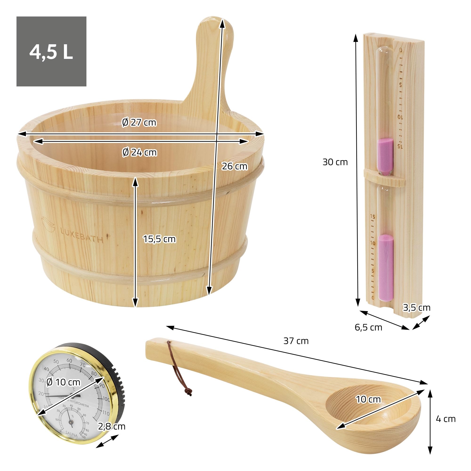 LuxeBath Kit Accessori Sauna in Legno di Pino Massiccio, Collezione Benessere 4 Pezzi, Secchiello per Infusione con Mestolo, Misuratore Termo Igrometrico e Clessidra 15 Minuti, Recipiente 4,5 L