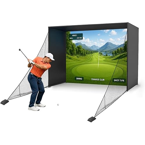 Golf Simulator Enclosure Nets 10 × 8 ft – Indoor Golf Cage with Aluminum Frame, Dual-Layer HD Impact Screen & Side Safety Barriers for Home Garage Studio