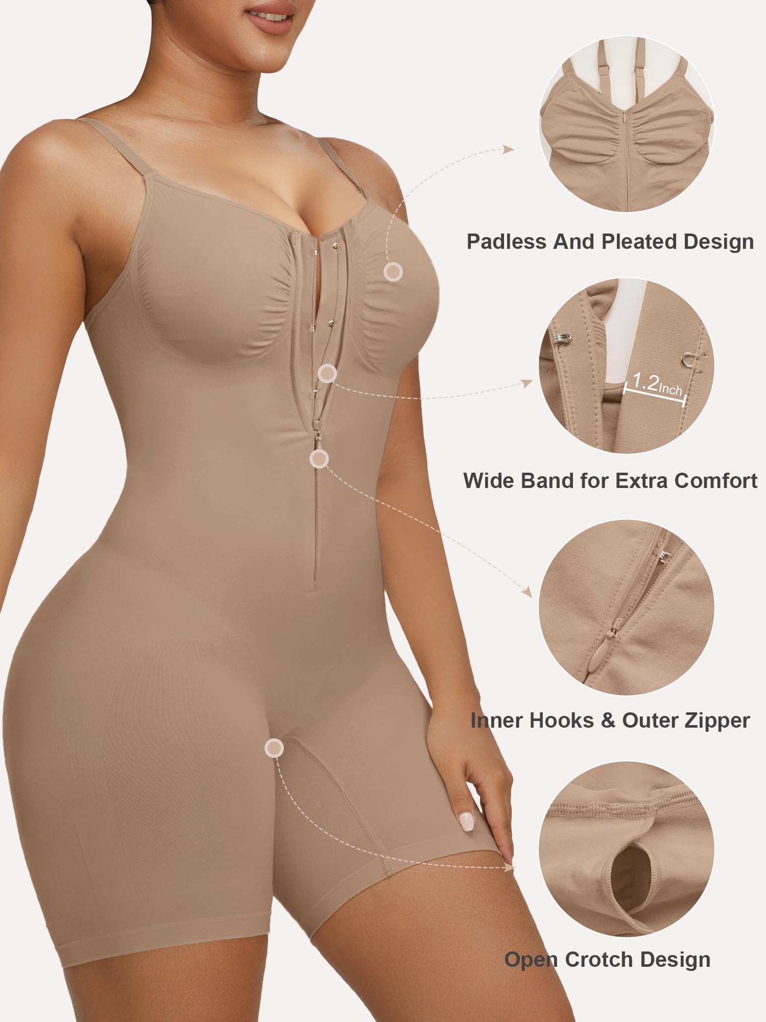 SHAPERX Body Moldeador Mujer con Cremallera y Ganchos, Shapewear de Fuerte Compresión Control Abdomen, Seamless Invisible, Faja Reductora Cintura para Uso Diario y Fiesta