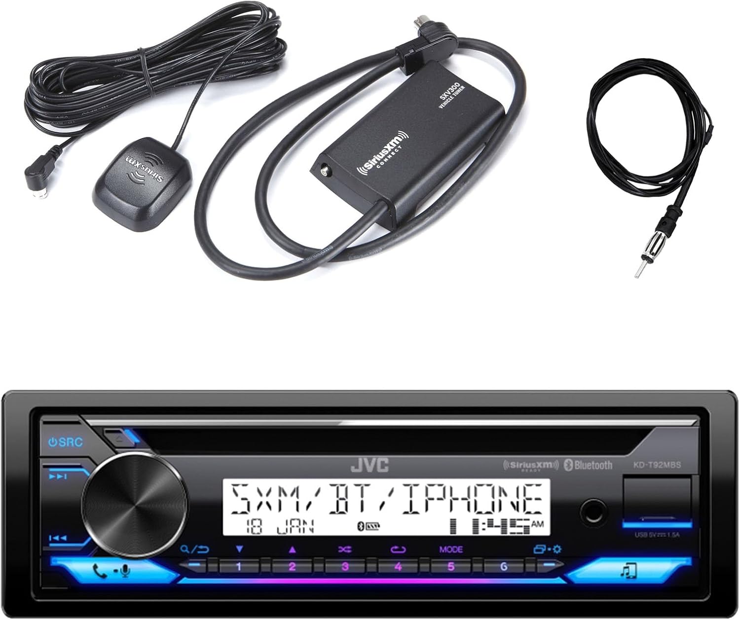 JVC Single DIN Marine Motorsports Bluetooth USB AUX AM/FM Stereo CD Player Receiver with Satellite Radio Vehicle Tuner Kit and 22" AM/FM Radio Antenna
