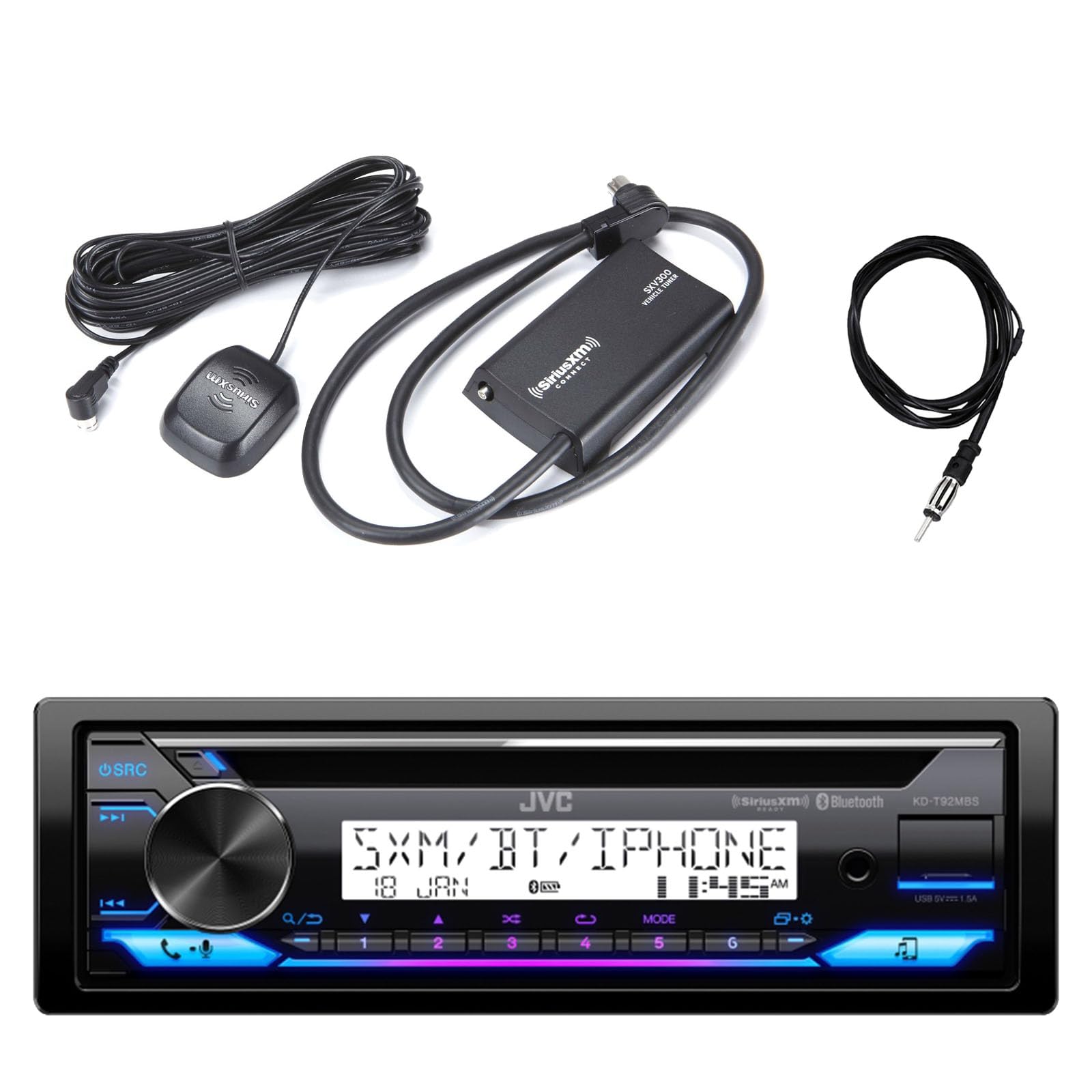 JVC Single DIN Marine Motorsports Bluetooth USB AUX AM/FM Stereo CD Player Receiver with Satellite Radio Vehicle Tuner Kit and 22