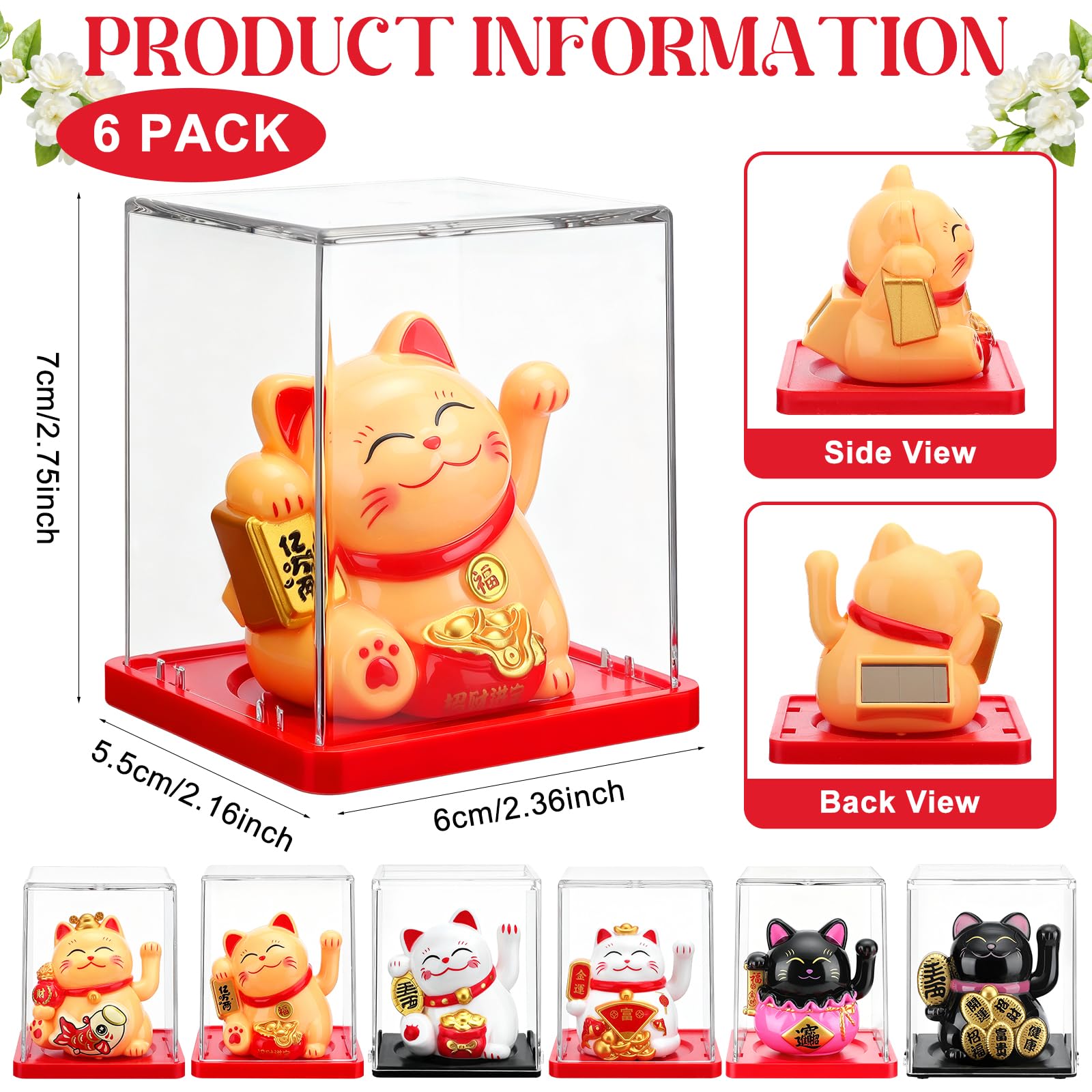 6 estatuas de gato de la suerte con brazo ondulante alimentado por energía solar, decoraciones vívidas y encantadoras de gato chino Maneki Neko Lucky Beckoning Feng Shui Fortuna Riqueza Gato