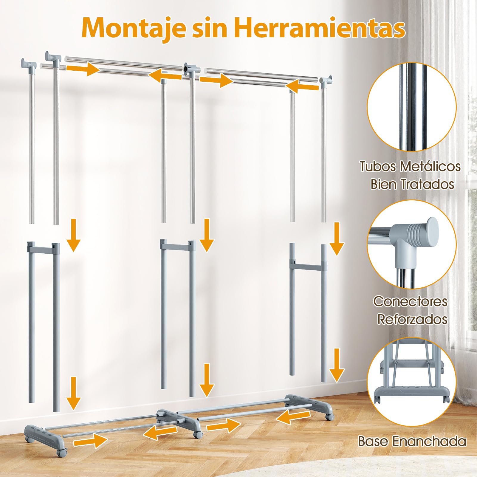 COSTWAY Burro Ropa con Ruedas, Perchero Burro de Doble Barra, Altura y Ancho Extensibles, Metálico, Perchero de Pie Lavandería Dormitorio Salon, 167.5 x 44 x 168,5 cm, Plata