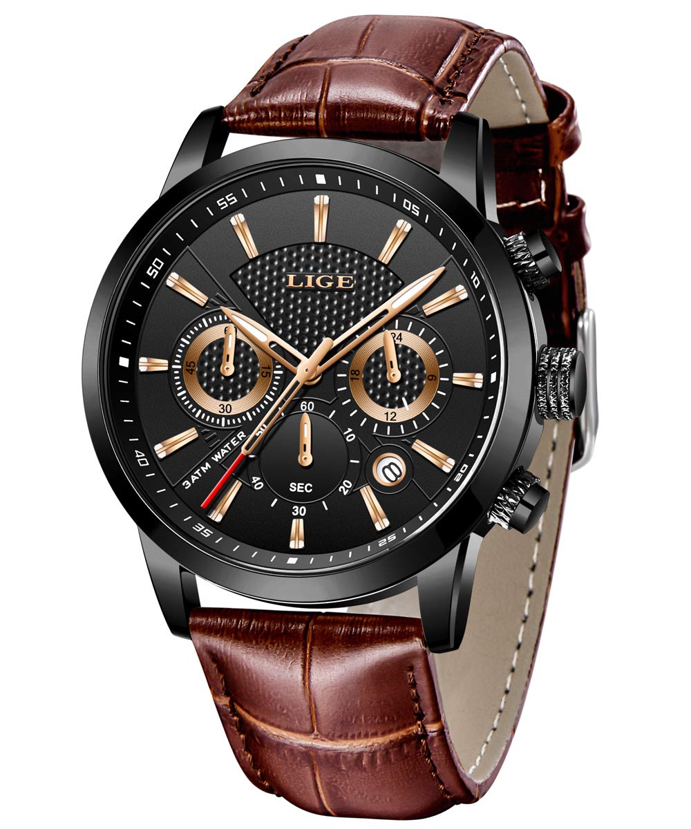LIGE Mens Watches Fashion Luxury Military Sport Analog Quartz Chronograph Watch for Men Classic Casual Waterproof Watch Brown White Leather Gents Dress Wristwatch, Brown Black, M, Bracelet (B07VFLCW1N) Amazon Price History, Amazon Price Tracker
