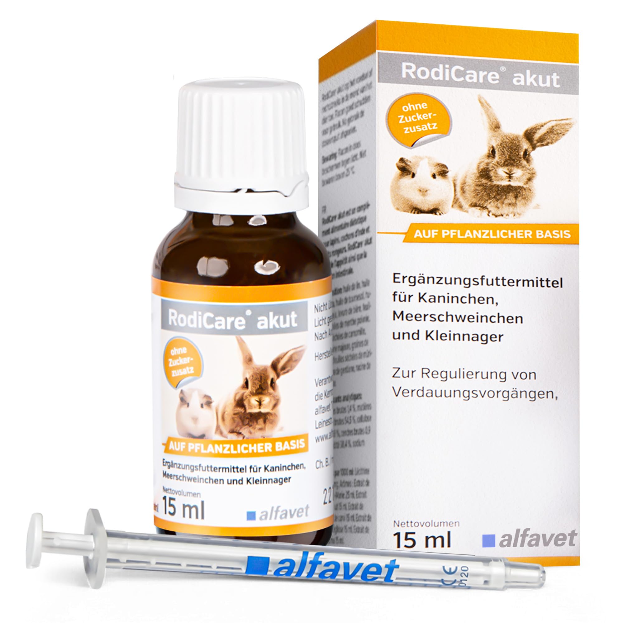 Alfavet RodiCare akut - 15 ml - Suplemento alimenticio para Regular la digestión en Conejos, cobayas y pequeños roedores - con jeringa dosificadora