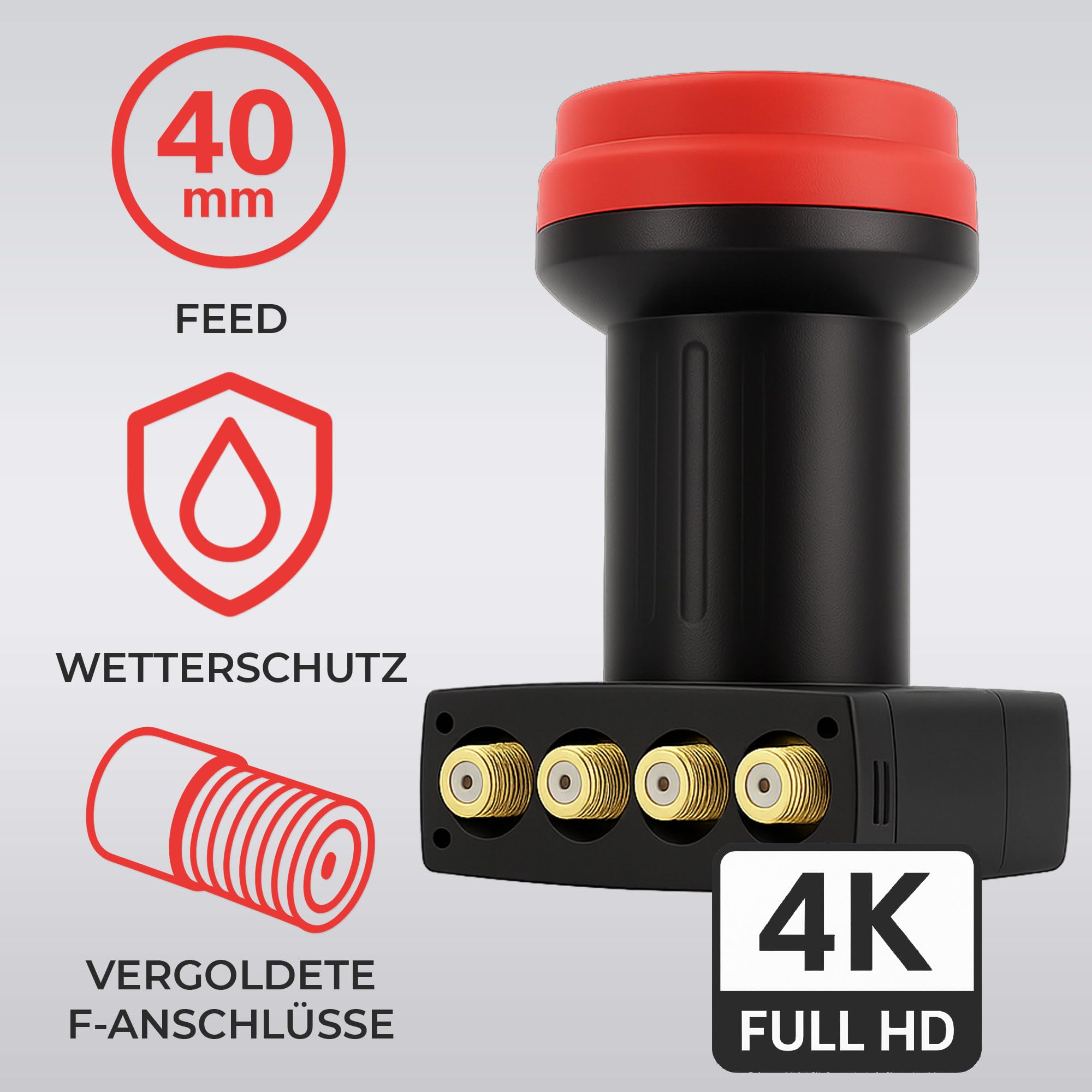 Premium X Quad LNB – 4 scomparti – estremamente resistente al calore – per 4 partecipanti – 4K Full HD – con protezione dalle intemperie per parabola satellitare satellitare – nero – con 8 connettori