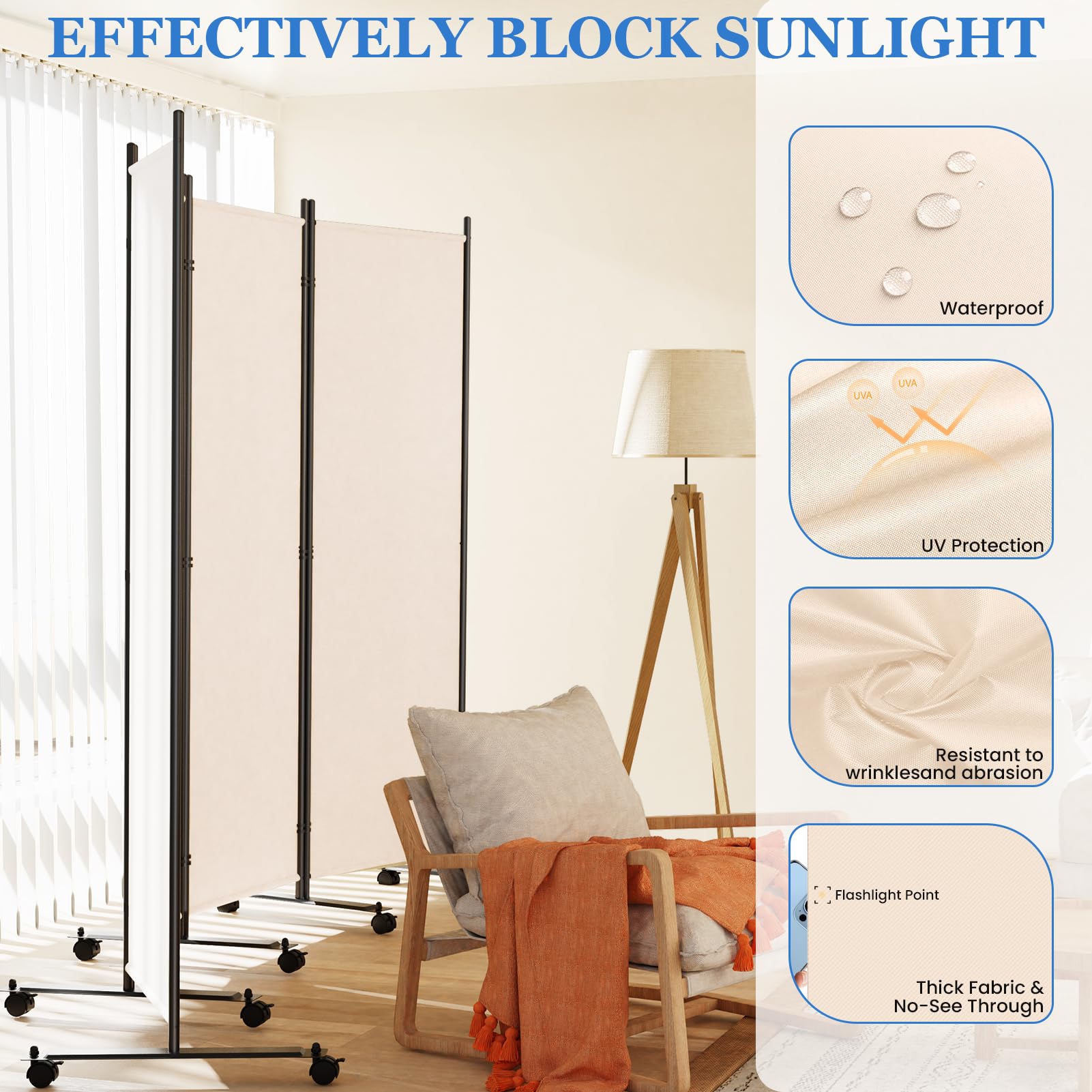 WELDUN Paravent de pièce à roulettes - 4 pièces - 223,5 x 183 cm - Brise-Vue Pliable - Cloison de séparation Amovible - Blanc