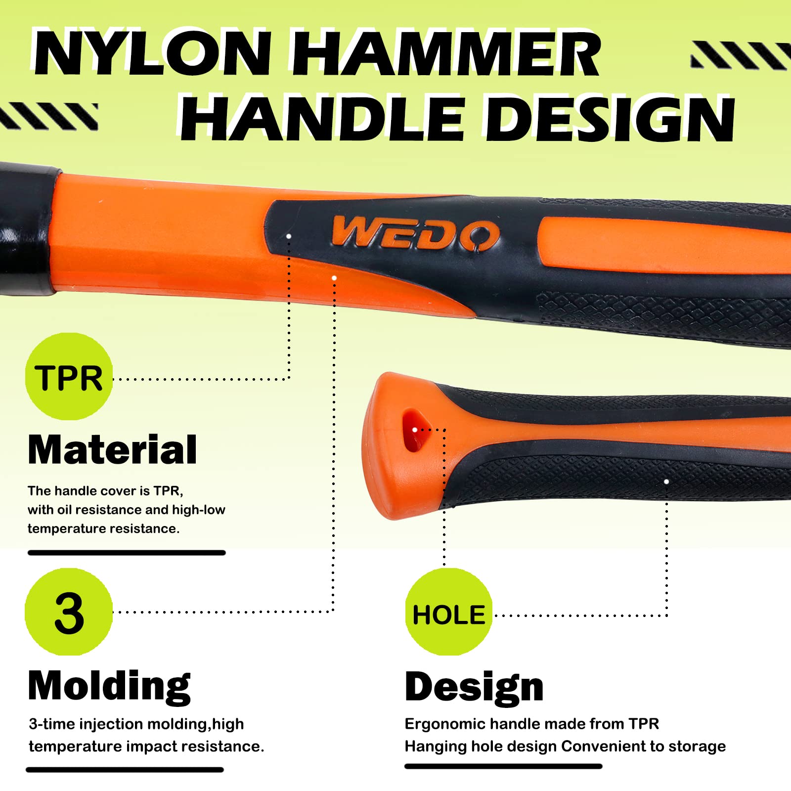 WEDO Martillo de nailon antichispas, protege la superficie golpeante de daños, martillo de seguridad sin chispas, cobre berilio, no magnético, estándar DIN, certificado BAM y FM, 1000 g x 400 mm