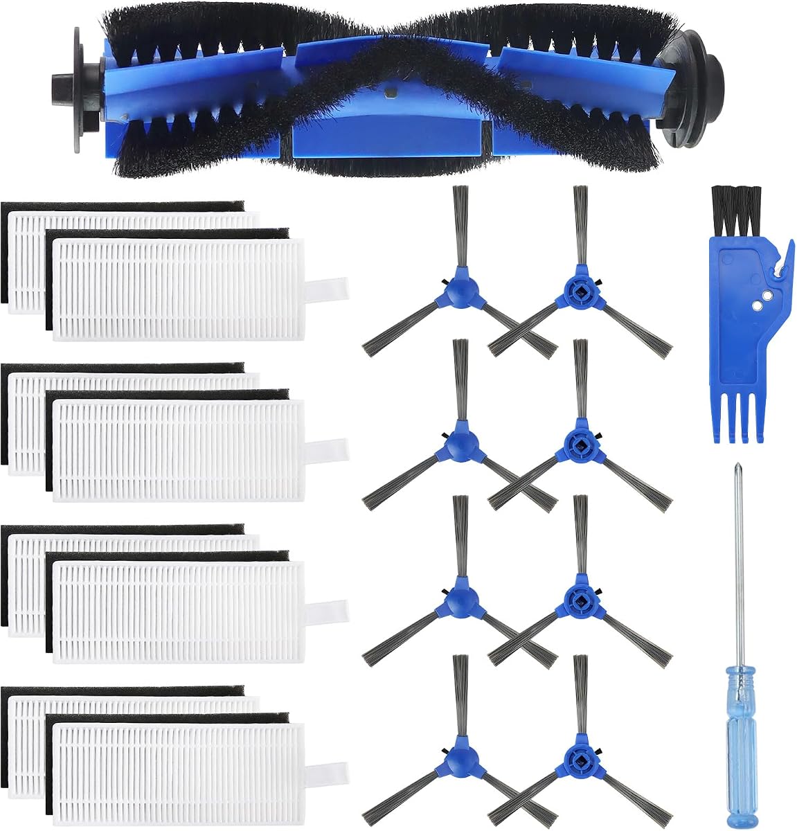 Replacement Parts for Eufy Robovac 11s, 12, 15C, 15T, 25C, 30, 30C, 35C Vacuum Parts, the eufy filter replacement parts include: 8 side brushes, 8 filters, 1 rolling brush, 1 cleaning brush