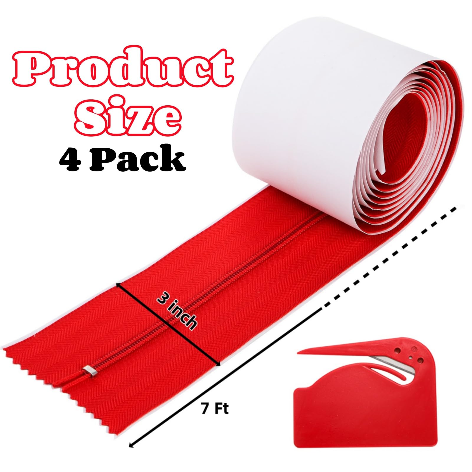 Acshio Paquete de 4 cremalleras protectoras contra el polvo, cremallera de doble cara resistente de 7 pies de largo con cortador de láminas de plástico, cierre hermético autoadhesivo instantáneo para
