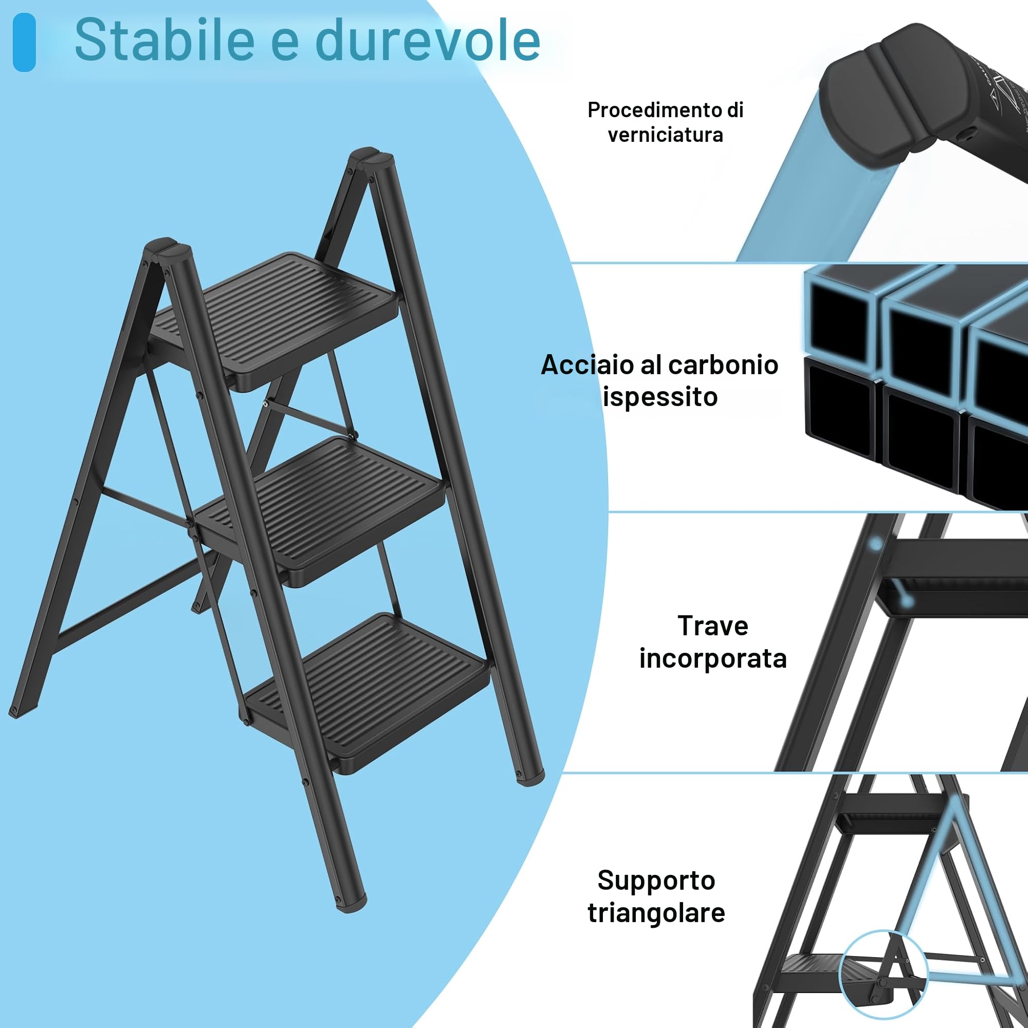 Froadp Scala pieghevole a 3 gradini, antiscivolo, in ferro, multifunzionale, per la casa, la cucina e l'esterno, con portata fino a 250 kg