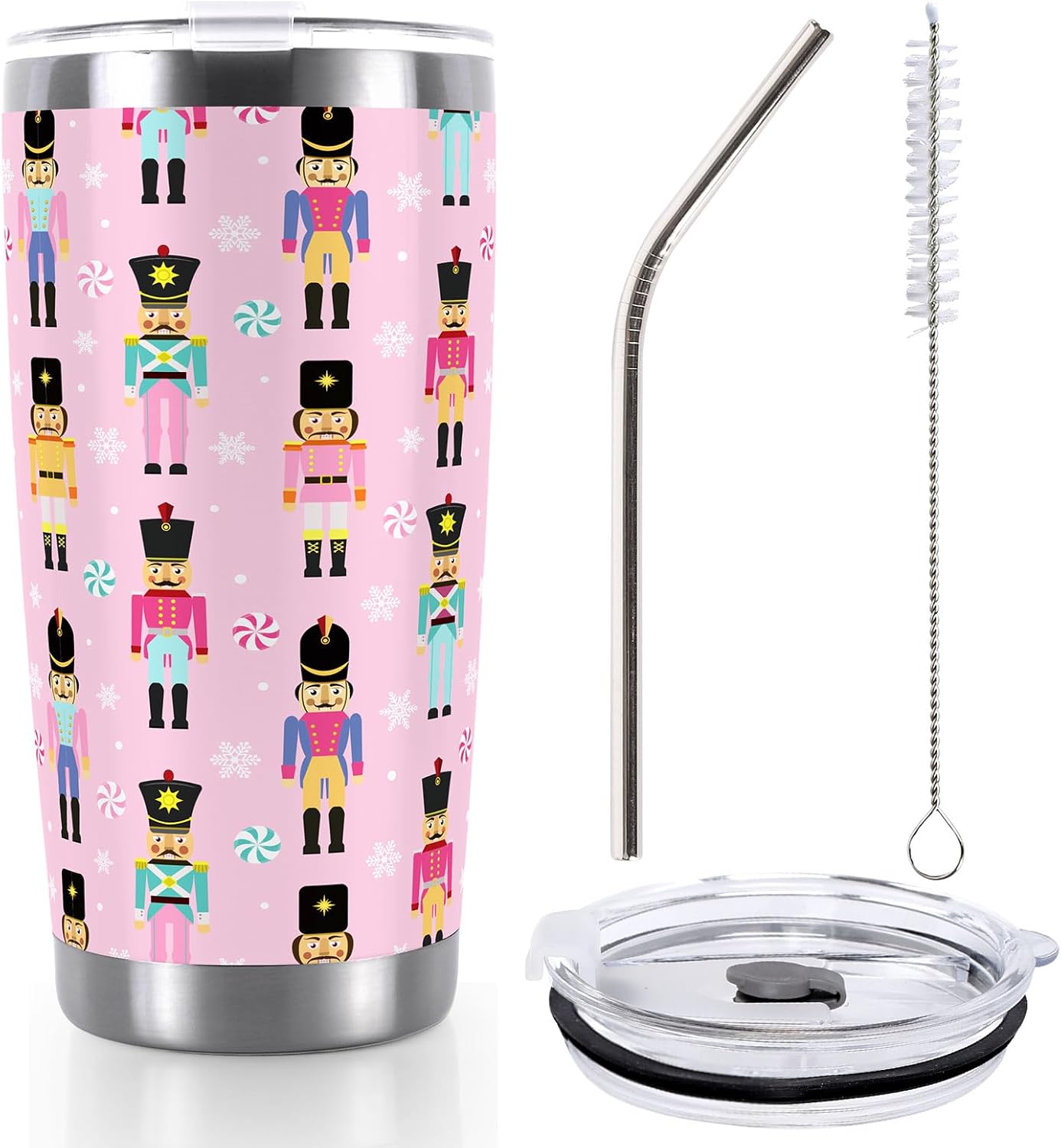 Whaline Pink Christmas Nutcracker Tumbler Stainless Steel Travel Tumbler with Lid Straw and Brush Xmas Winter Coffee Mug Cup for Holiday Birthday Gift - Thumbnail 2